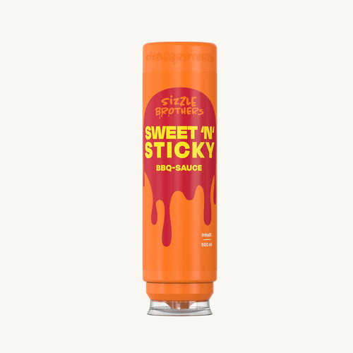 SizzleBrothers Sweet n Sticky BBQ-Sauce in der orangefarbenen 500 ml Flasche