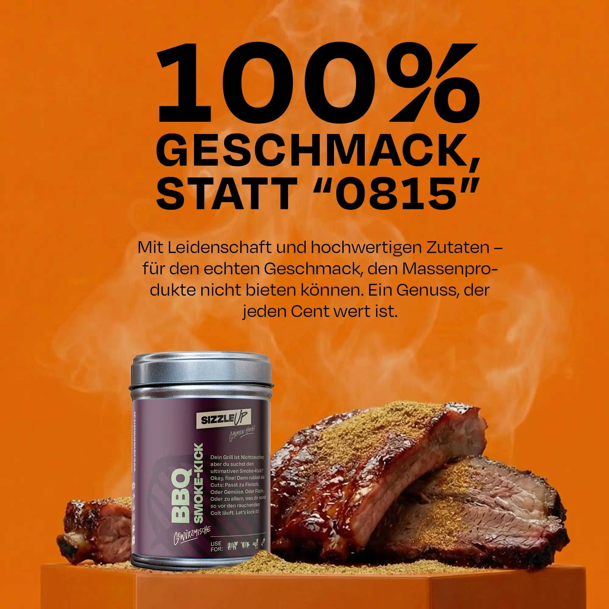 Text "100% GESCHMACK, STATT '0815'" über BBQ Smoke-Kick und geripptem Fleisch.