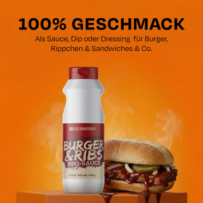 Flasche SizzleBrothers Burger & Ribs BBQ-Sauce steht vor Burger, Text: 100% Geschmack.