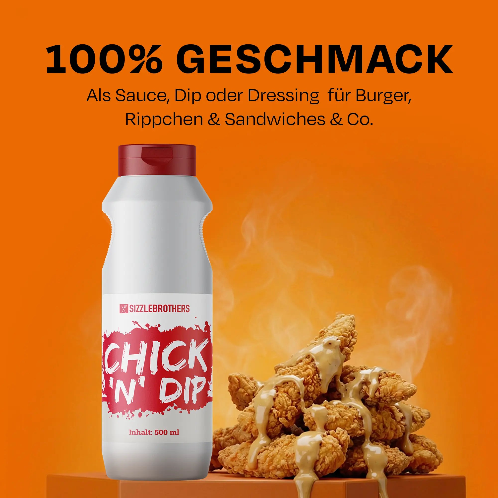 Chick 'N' Dip-Sauce-Flasche mit dampfenden, panierten Hähnchenstücken. Text: 100% Geschmack.