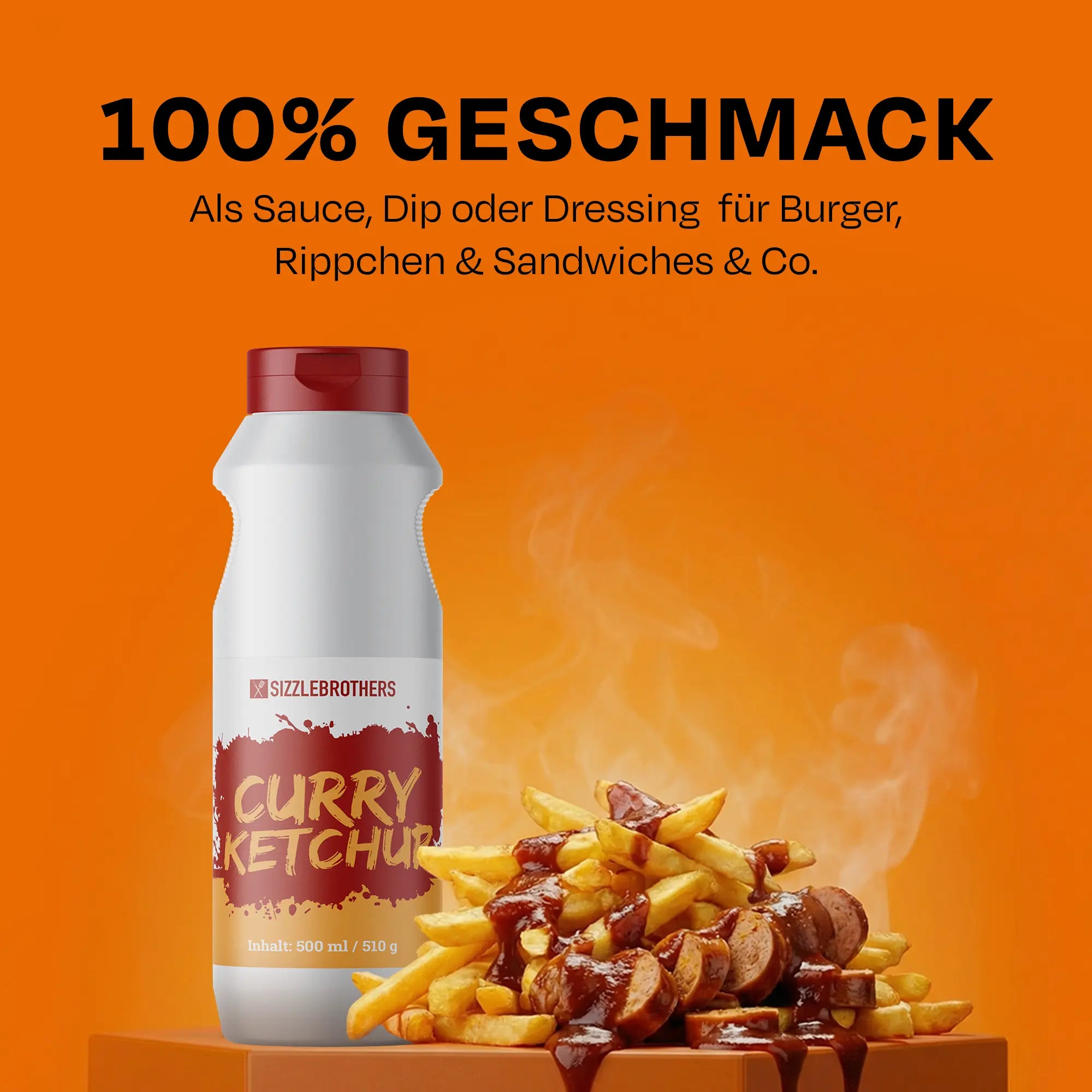 Flasche Curry Ketchup vor Pommes, Text: 100% Geschmack als Sauce, Dip oder Dressing.