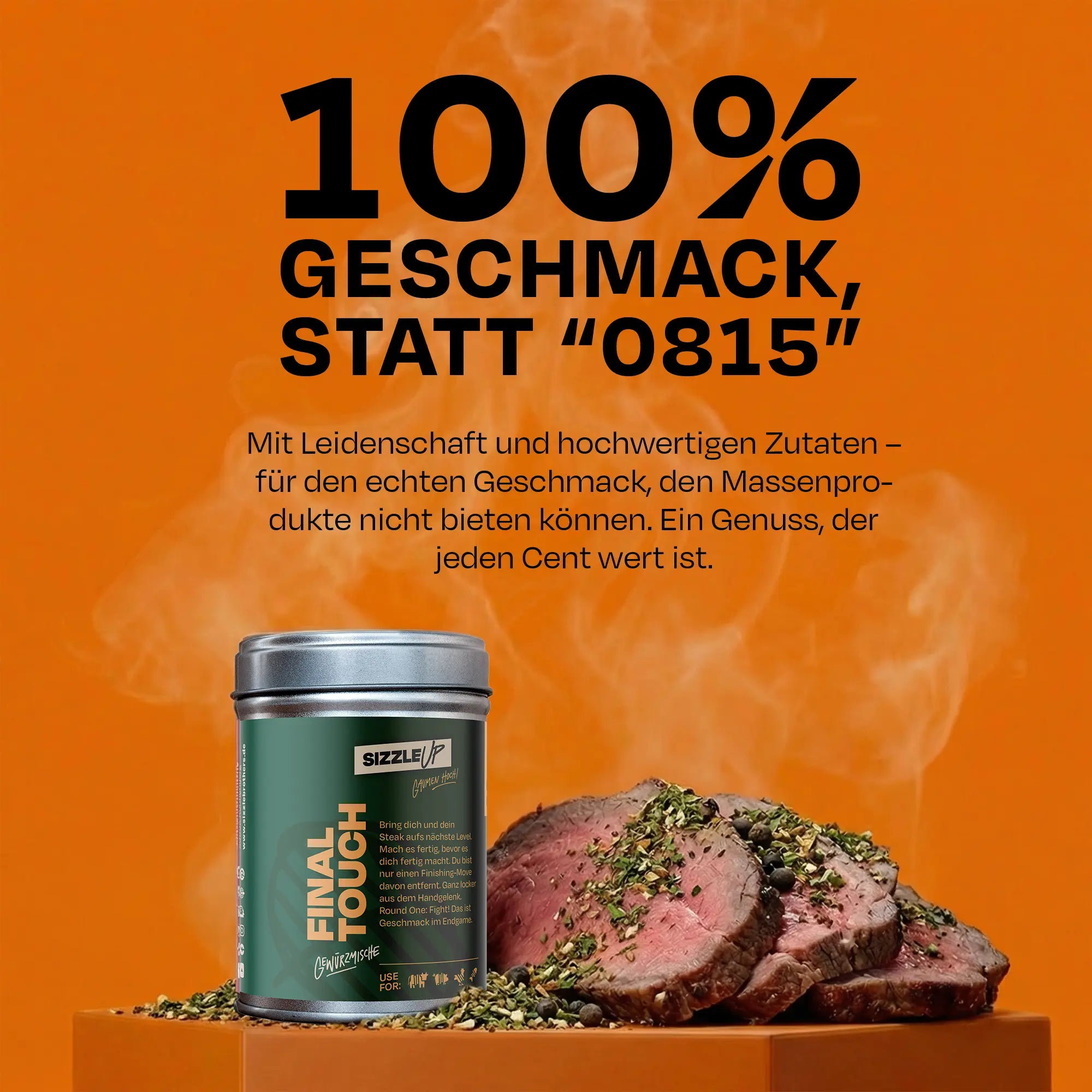 Dose Magic Dust vor beigem Hintergrund mit ausgestreutem Gewürz daneben.