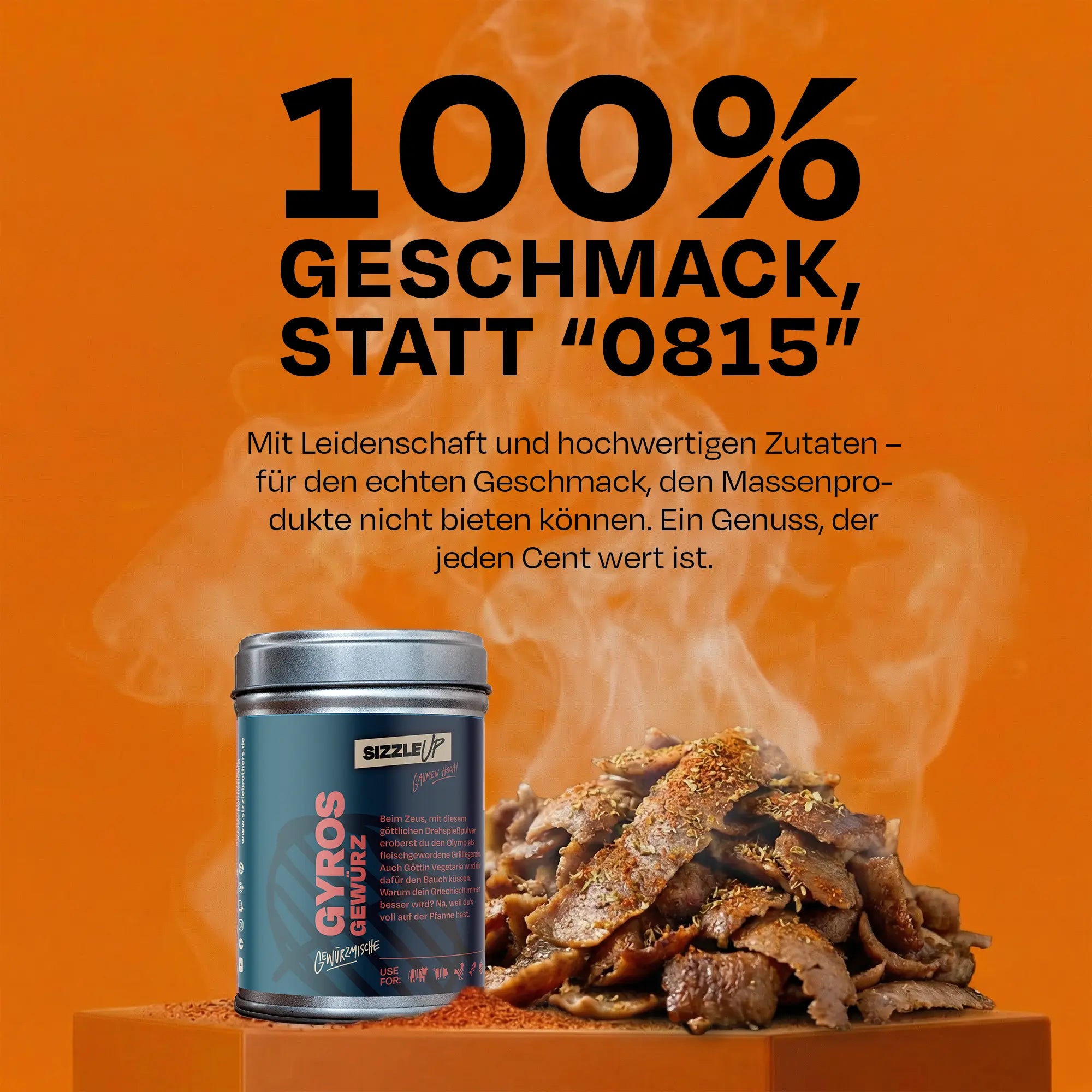 Gyrosgewürz im Vordergrund mit Text über Geschmack und Nutzen, orange Hintergrund.