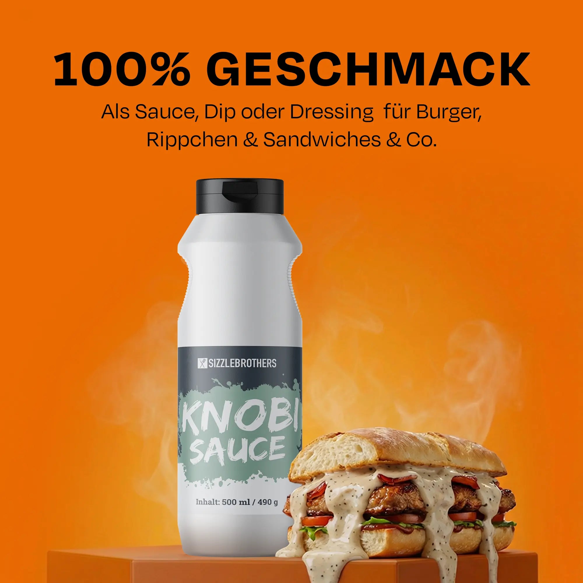 Knobi Sauce vor einem Sandwich, Text: 100% Geschmack.