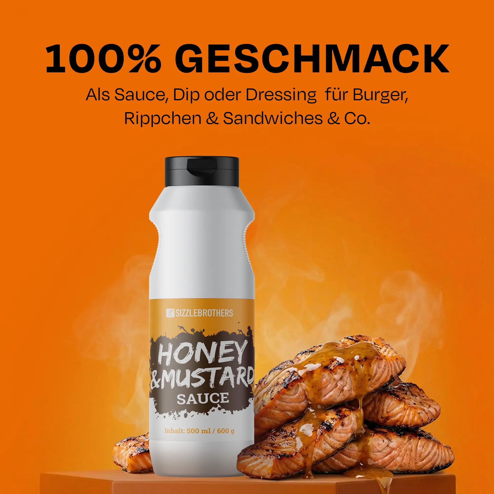 Honig & Senf Sauce Flasche neben Rippe. Text: 100% Geschmack, als Sauce, Dip oder Dressing.