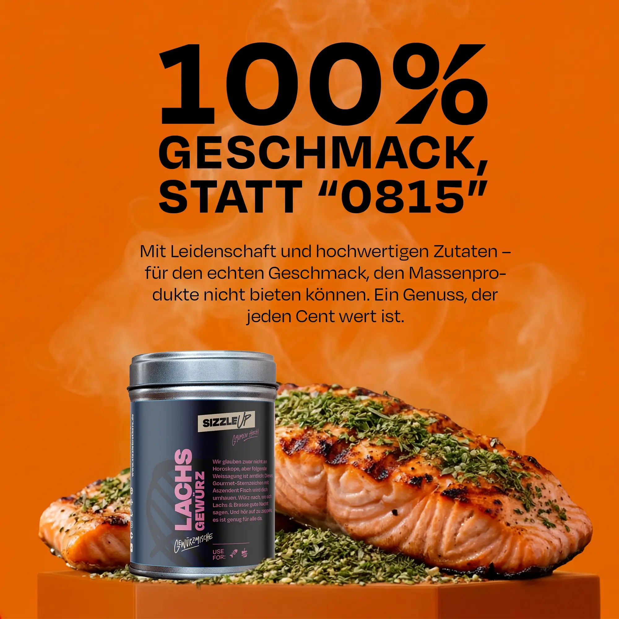 Lachsgericht mit Gewürzdose und Text: 100% Geschmack, statt '0815', Genuss jeden Cent wert.