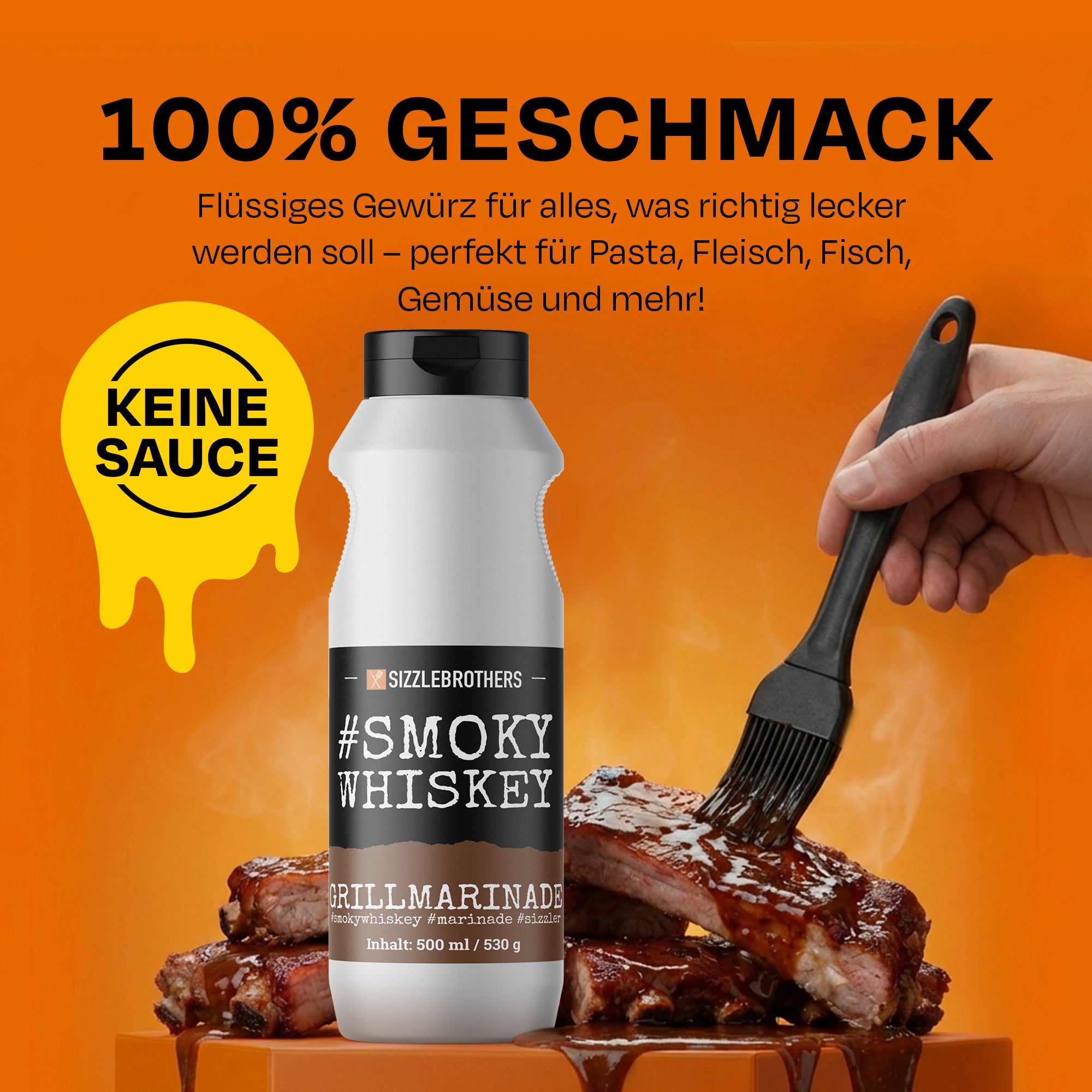 Smoky Whiskey Grillmarinade-Flasche vor orangefarbenem Hintergrund, Text: 100% Geschmack.
