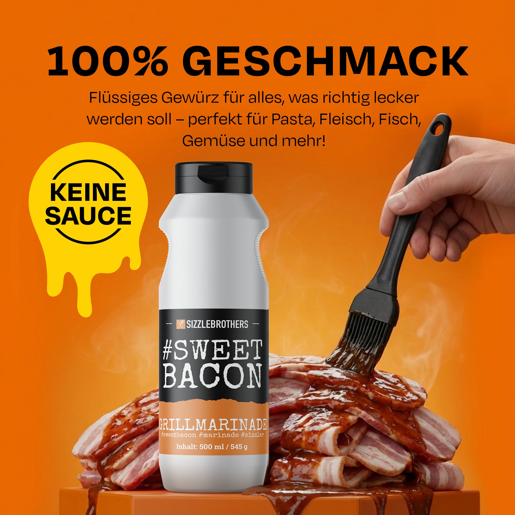 Marinadeflasche mit Pinsel, Text: 100% GESCHMACK, KEINE SAUCE, auf orangefarbenem Hintergrund.