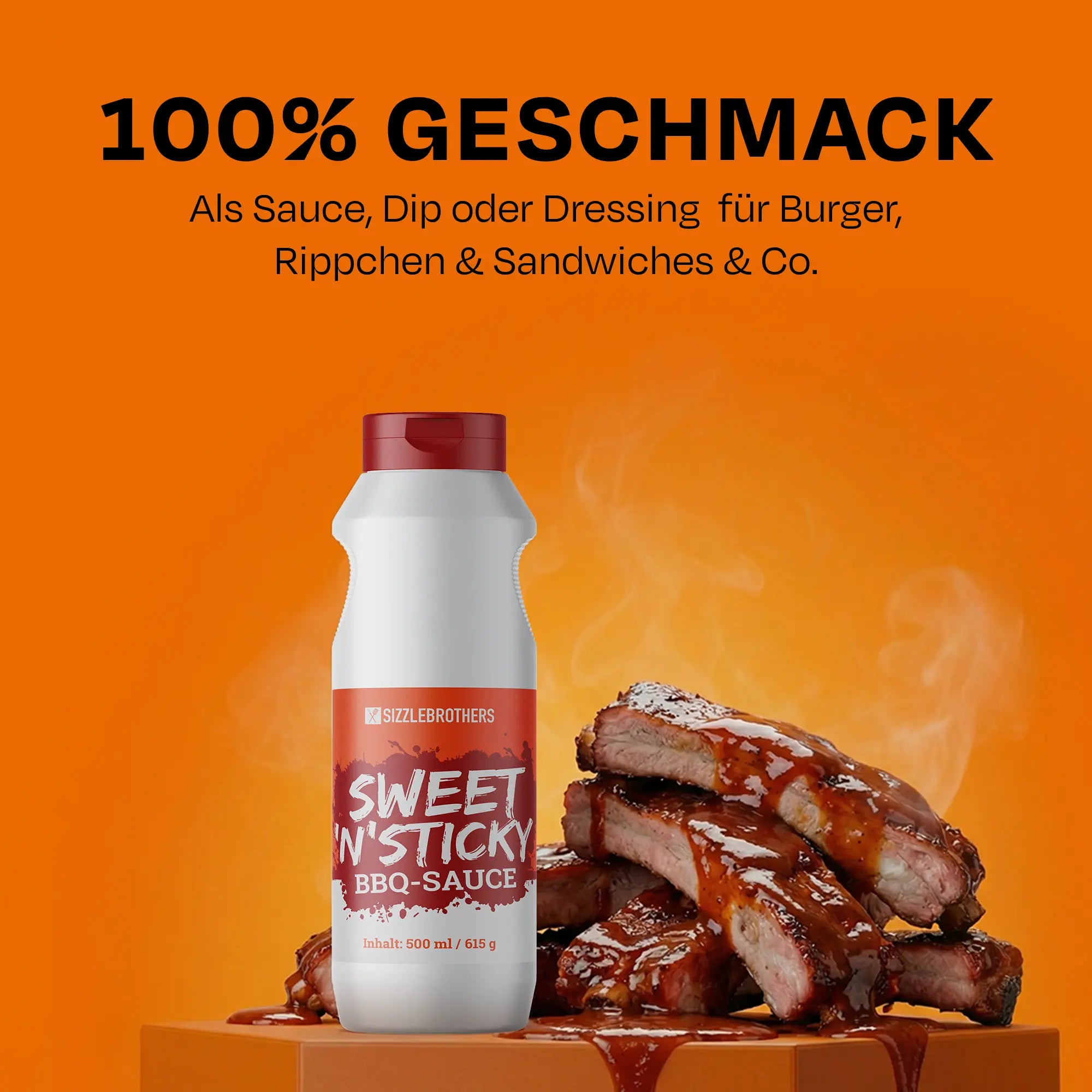 Flasche Sweet 'n' Sticky BBQ-Sauce steht vor Rippchen, Text: 100% Geschmack.