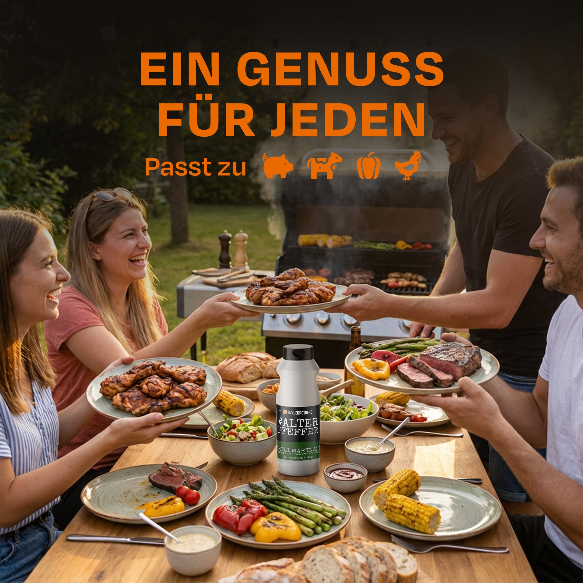 Gruppe von Menschen grillt im Freien, Text: Ein Genuss für jeden.