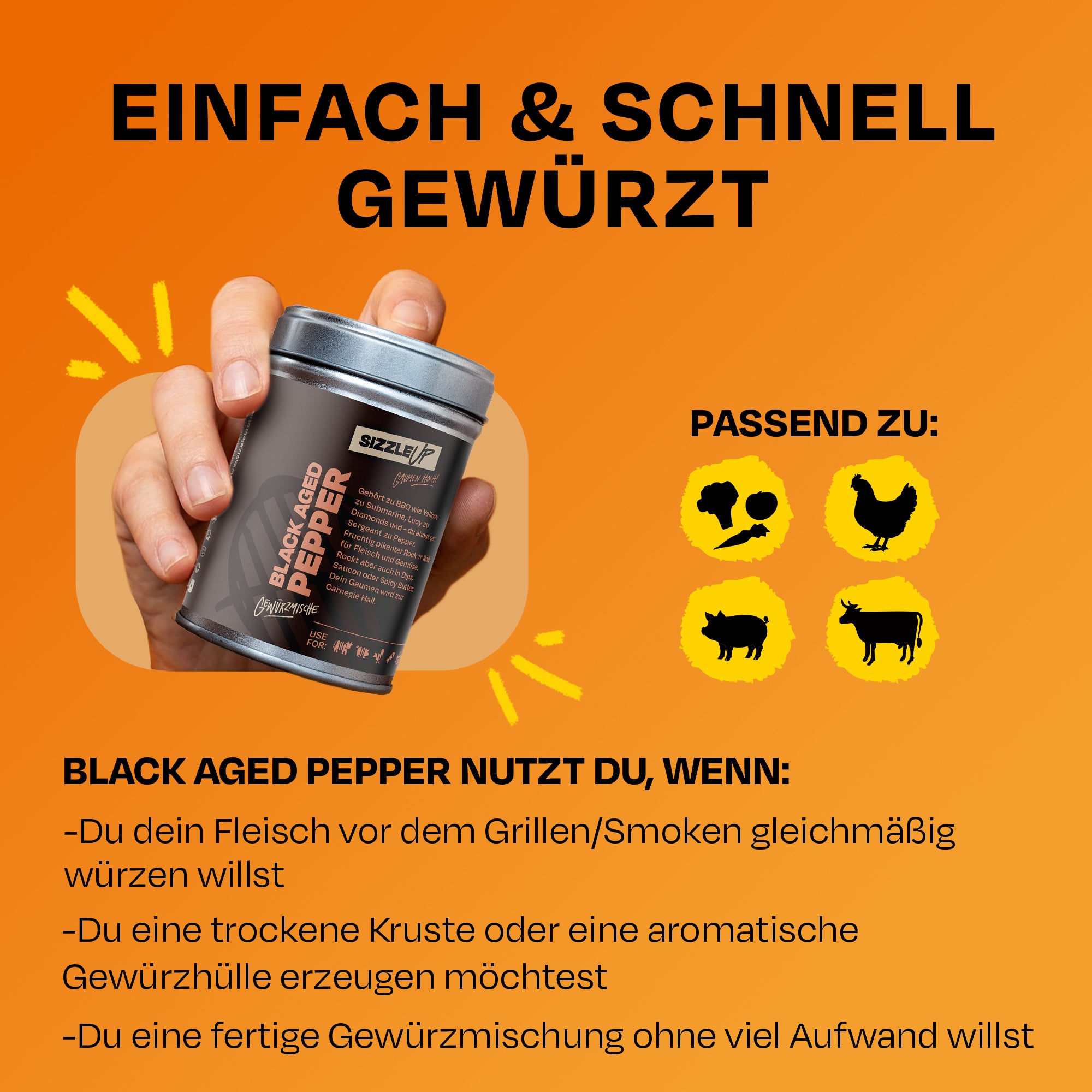 Bild verschiedener Gewürze und Gemüse mit Text über 100% Geschmack und Qualität.