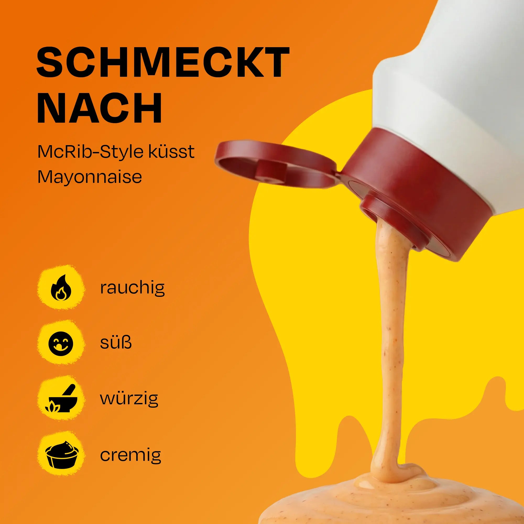 Weiße Flasche mit rotem Deckel gießt orangen Inhalt, der rauchig, süß und würzig schmeckt.