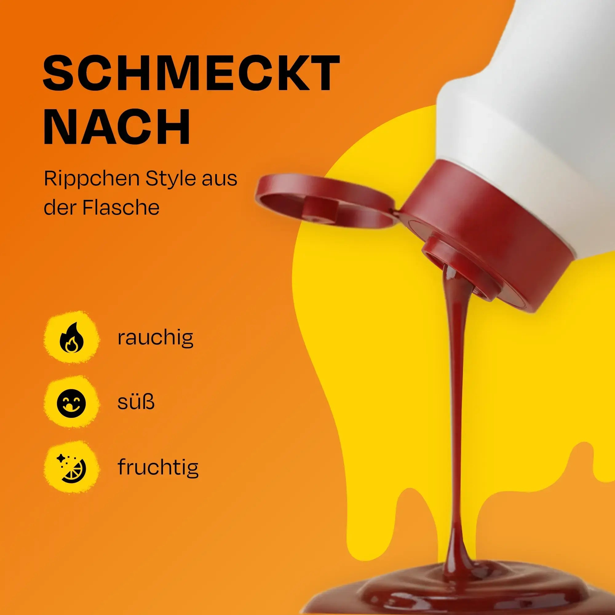 Flasche mit offenem roten Deckel, aus der eine dunkelrote Burger und Ribs Sauce fließt, vor orange-gelbem Hintergrund mit Text rauchig, süß und fruchtig