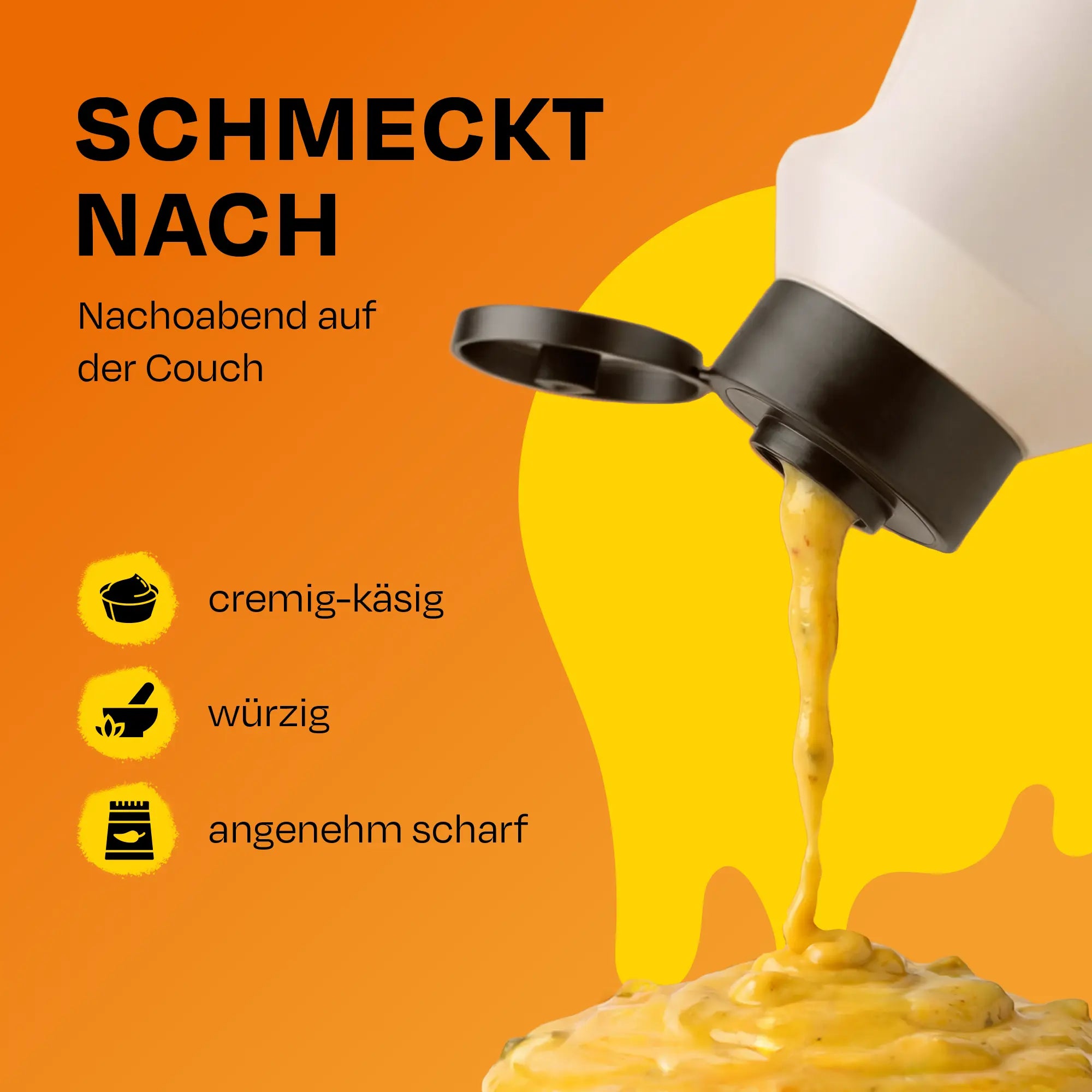 Chili Cheese Sauce fließt aus geöffneter Flasche, daneben Icons mit Beschreibungen.
