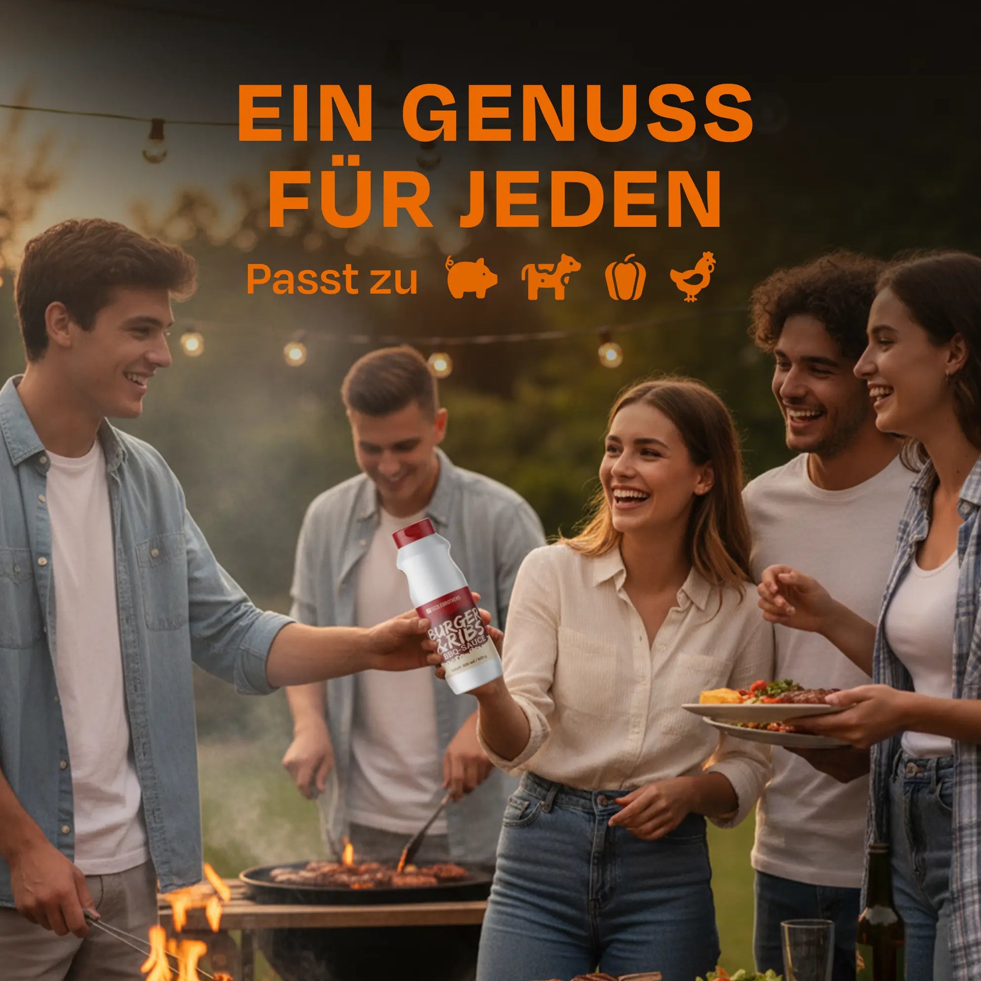 Junge Leute grillen und lachen, Text: 'Ein Genuss für jeden. Passt zu.'