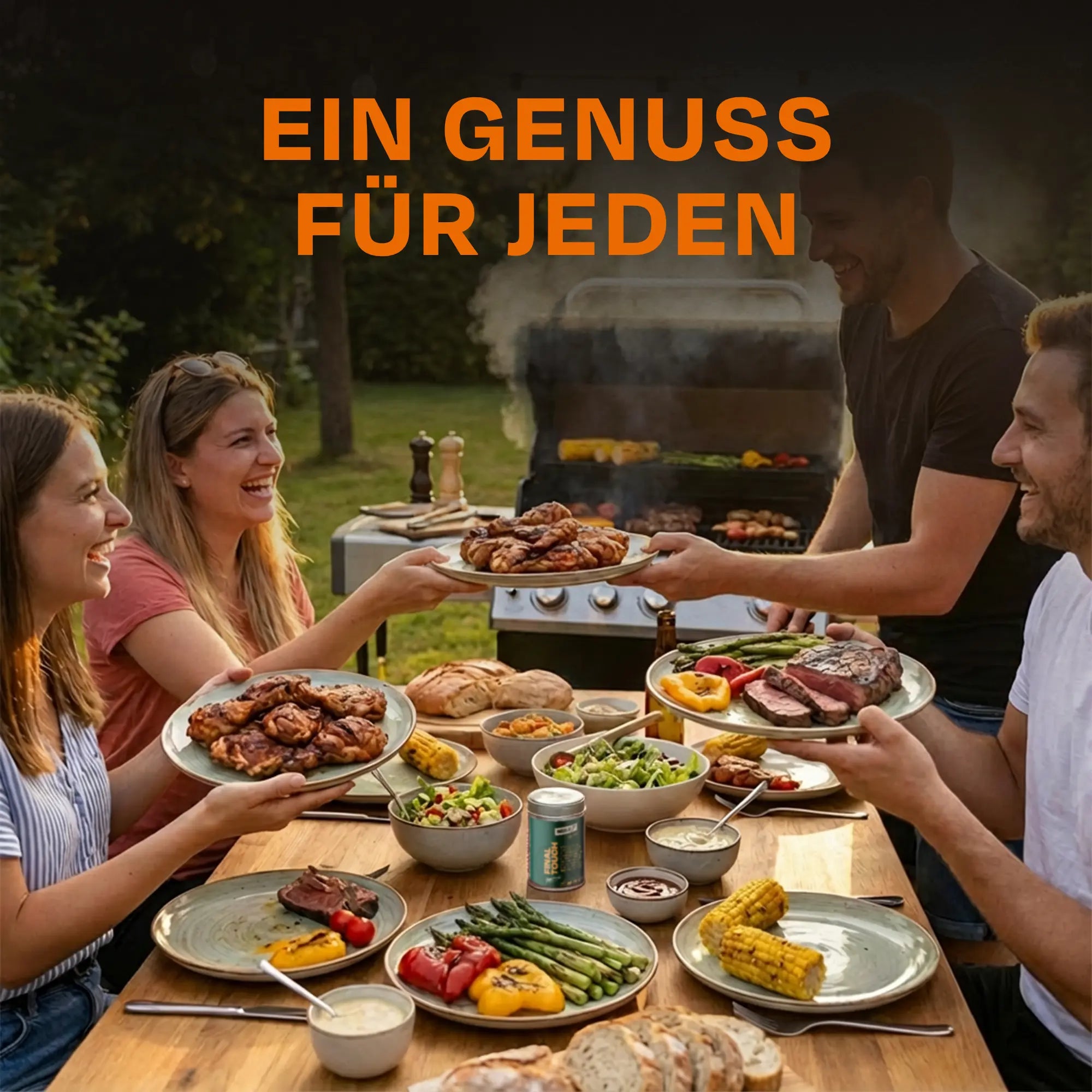 Dose Final Touch in Hand, umgeben von Text zu Anwendungsfällen und passenden Lebensmitteln.