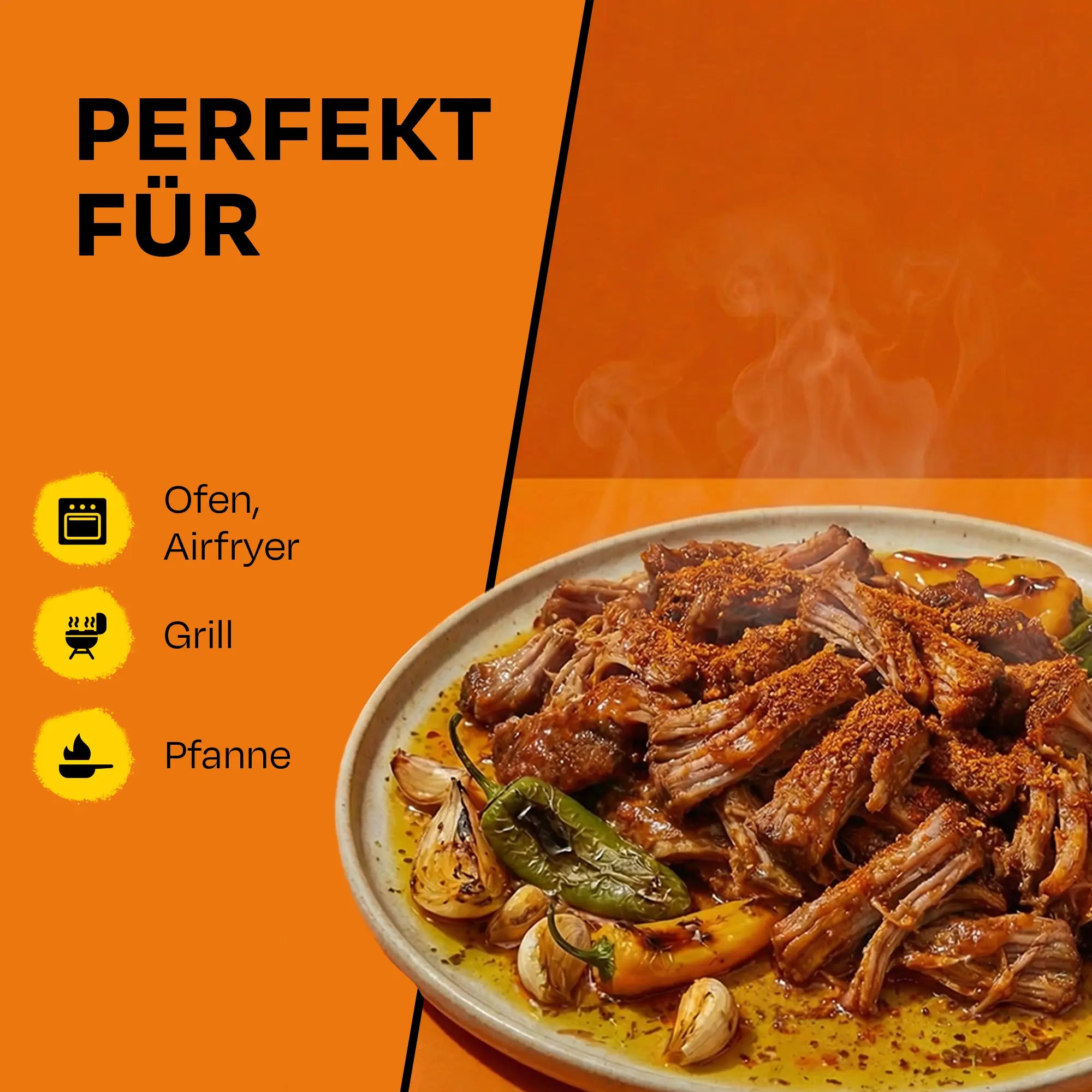 Pulled Pork serviert mit Gemüse auf einem Teller. Text: Perfekt für Ofen, Airfryer, Grill, Pfanne.