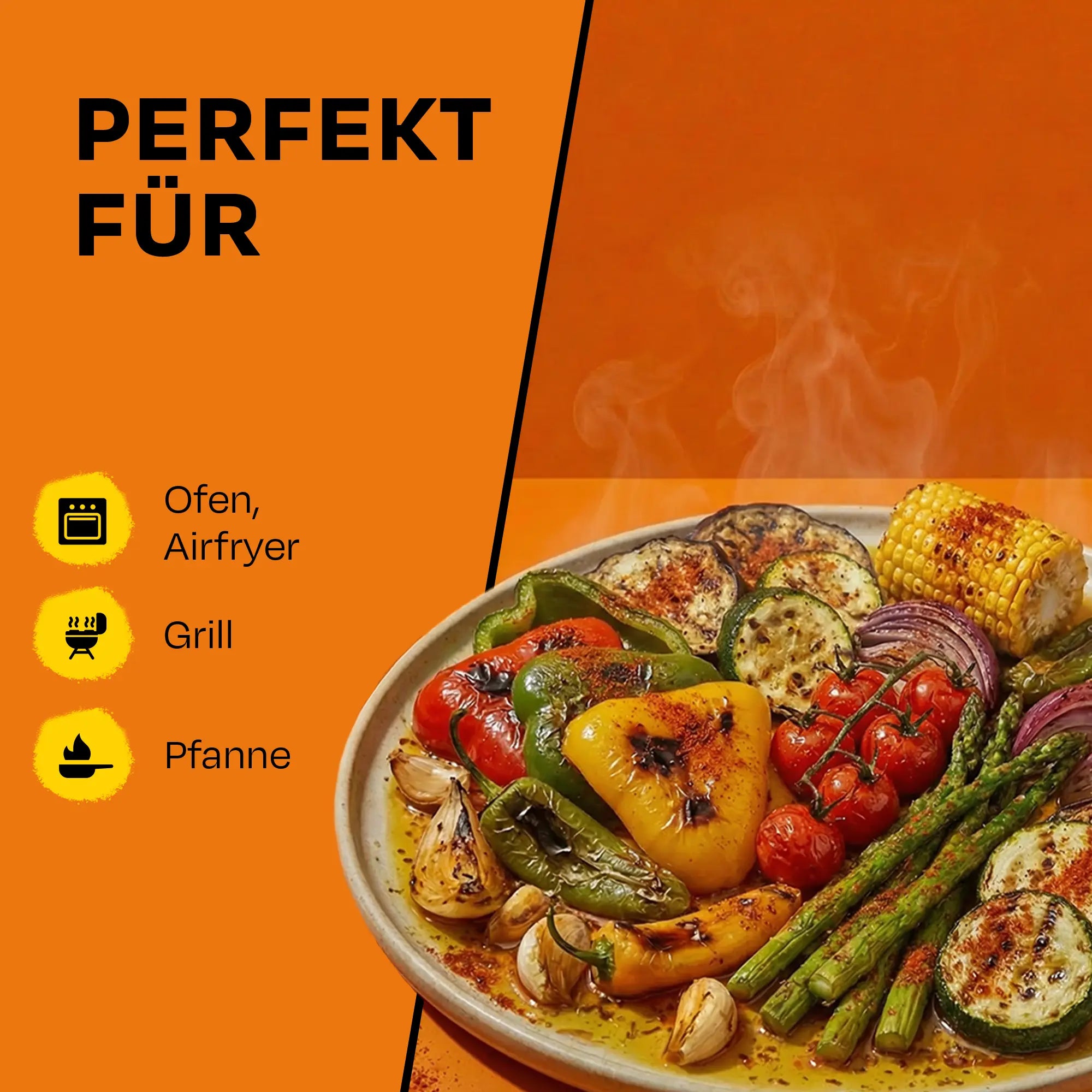 Vier Menschen am Tisch genießen Grillgerichte im Freien, umgeben von Gemüse und Fleisch.