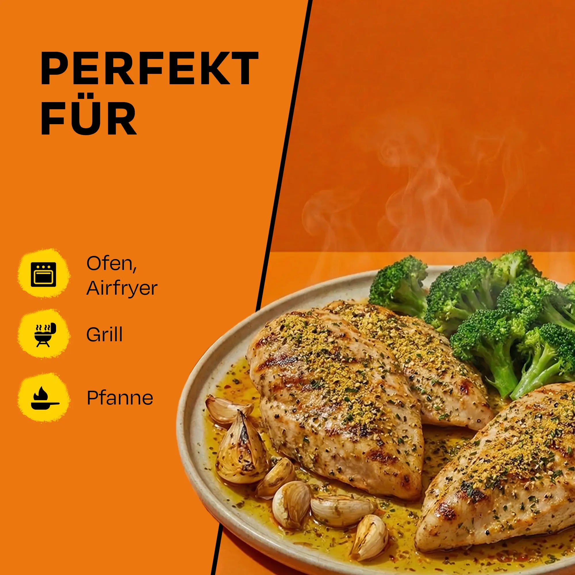 Grillhähnchen mit Gemüse auf Teller, Text: Perfekt für Ofen, Airfryer, Grill, Pfanne.