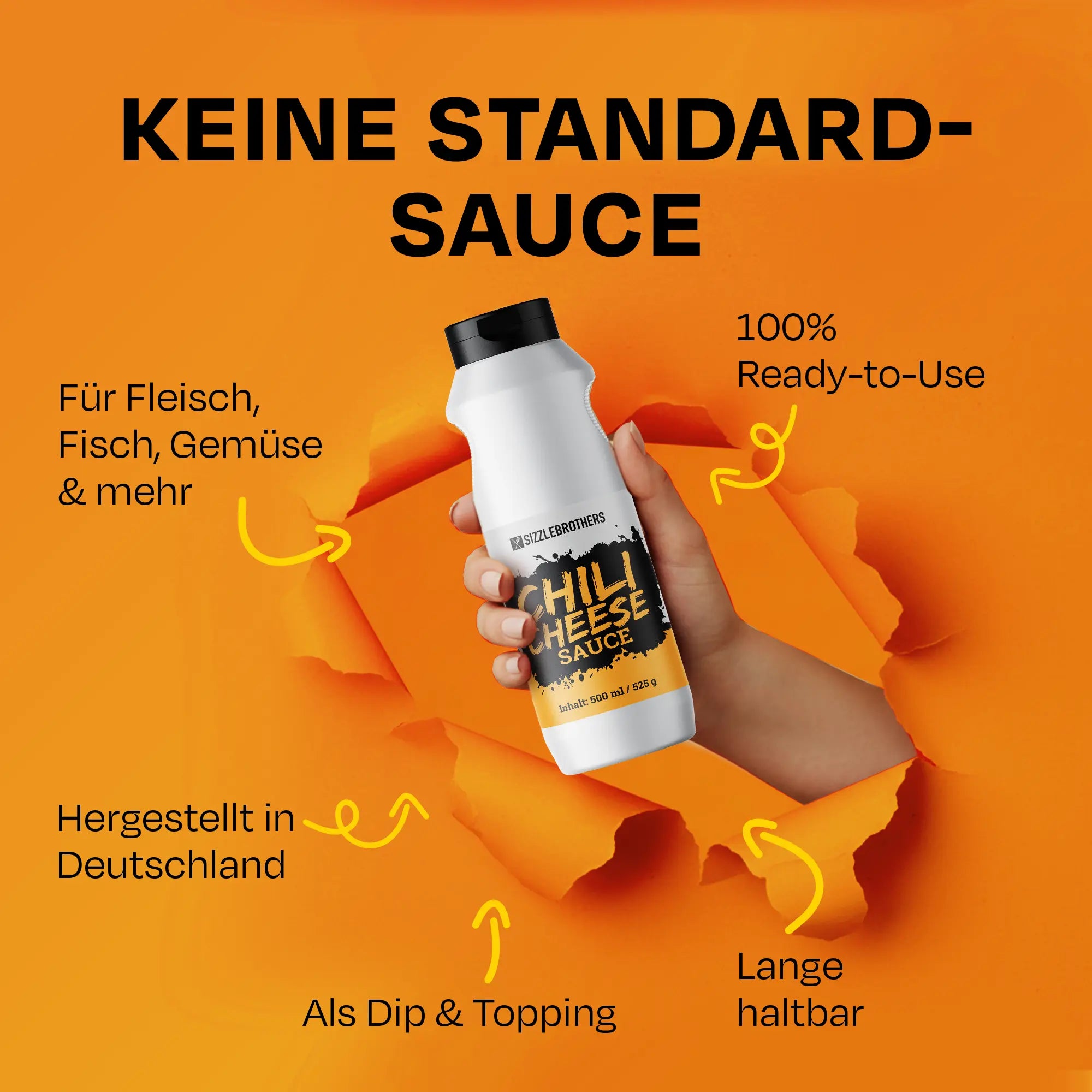 Hand hält Chili Cheese Sauce, umgeben von Icons und Text: Keine Standardsauce.