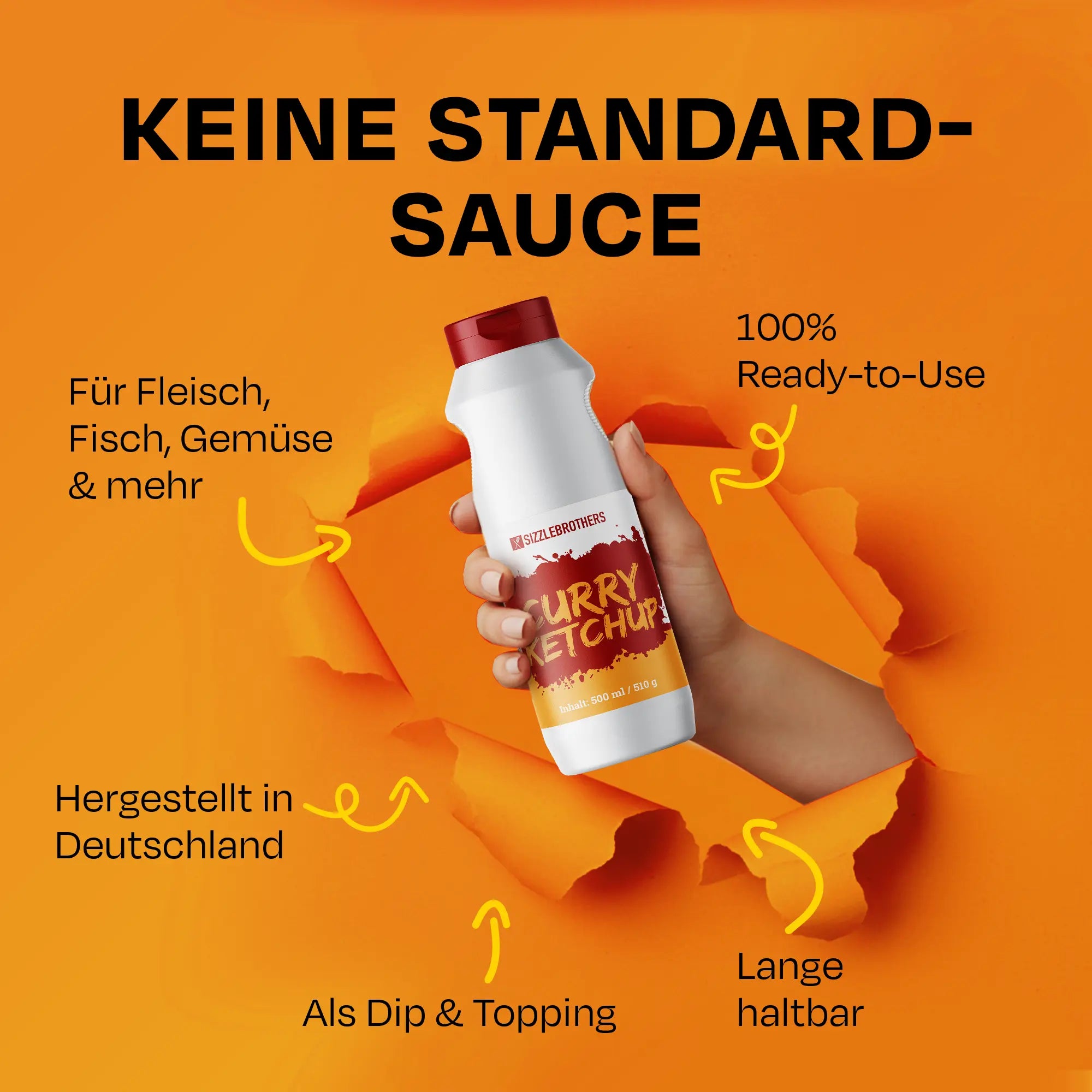 Hand hält Curry Ketchup Flasche, Text: Keine Standard-Sauce, für Fleisch, Fisch, Gemüse.