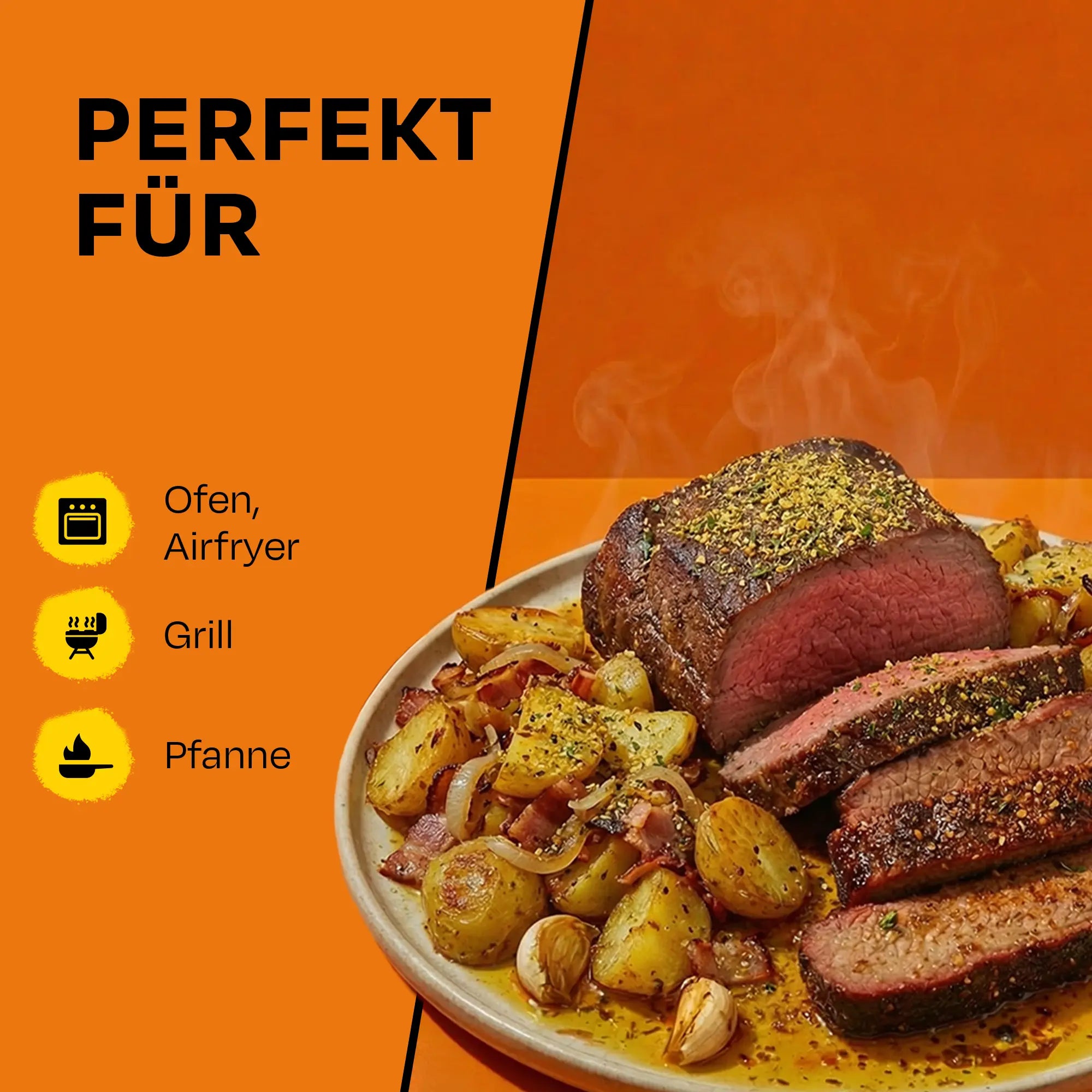 Auf einem Teller Rauchfleisch mit Kartoffeln vor orangefarbenem Hintergrund.