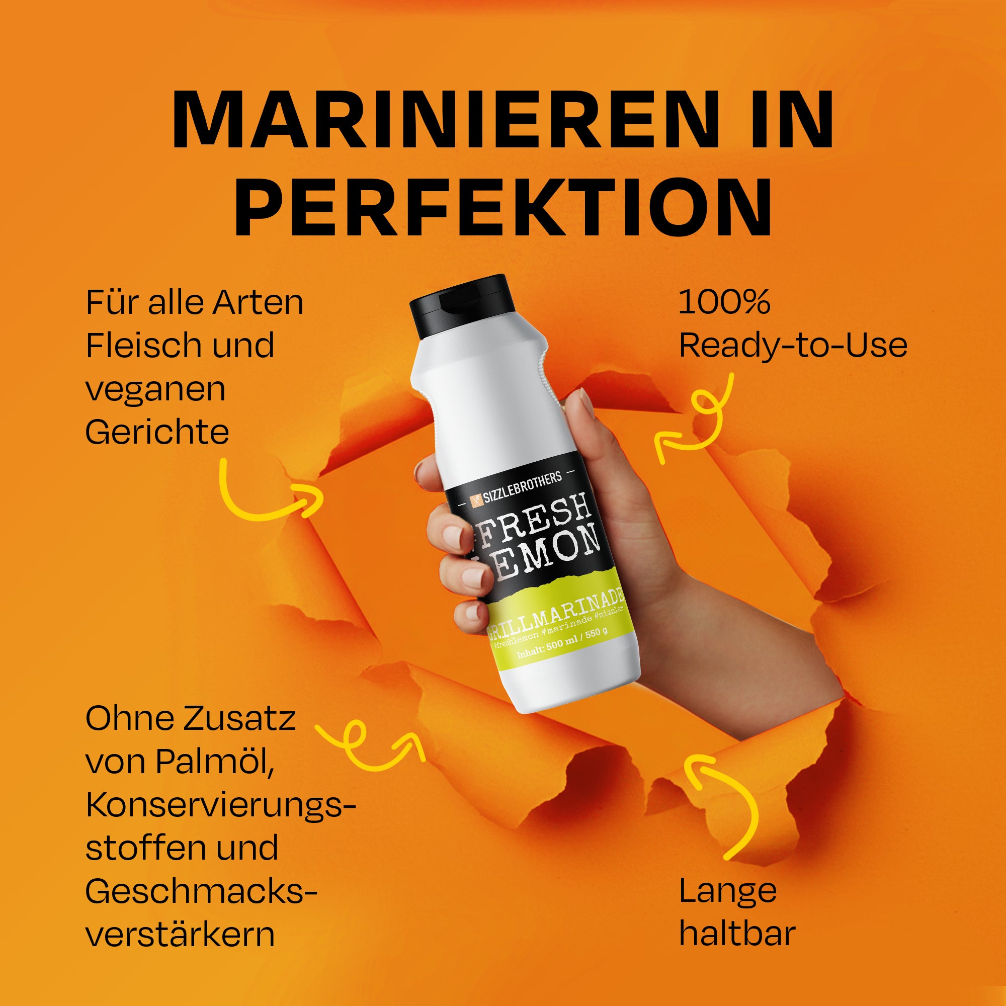 Flasche #FreshLemon wird gehalten, umgeben von Text: Marinieren in Perfektion. Lange haltbar.
