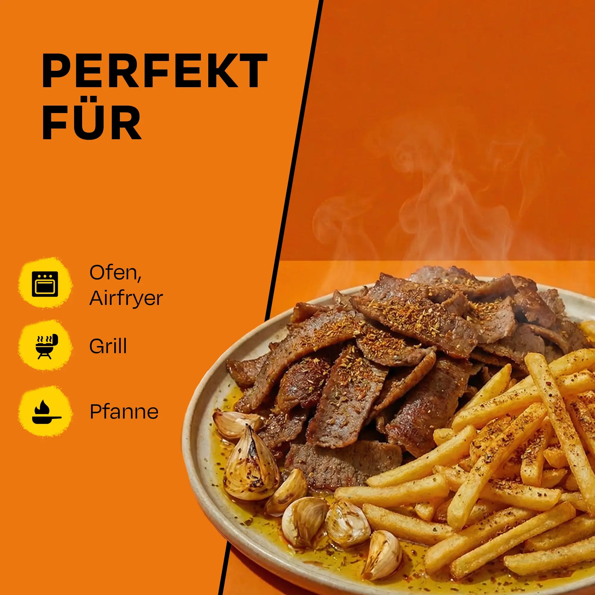 Gyrosfleisch mit Pommes auf Teller, Text über Ideal für Ofen, Grill, Pfanne.