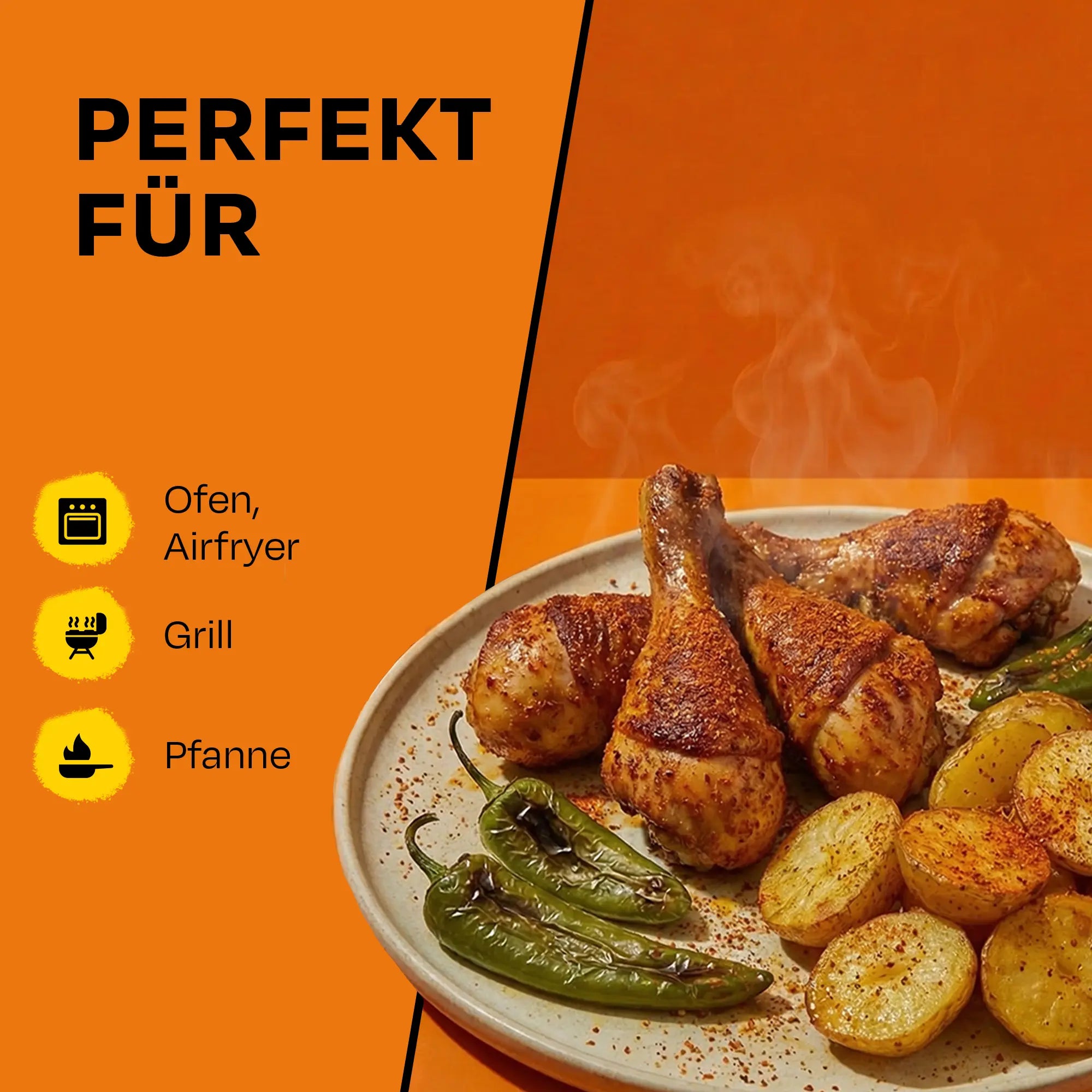 Duftende Hähnchenkeulen und Kartoffeln auf Teller mit Text über Kochmethoden.