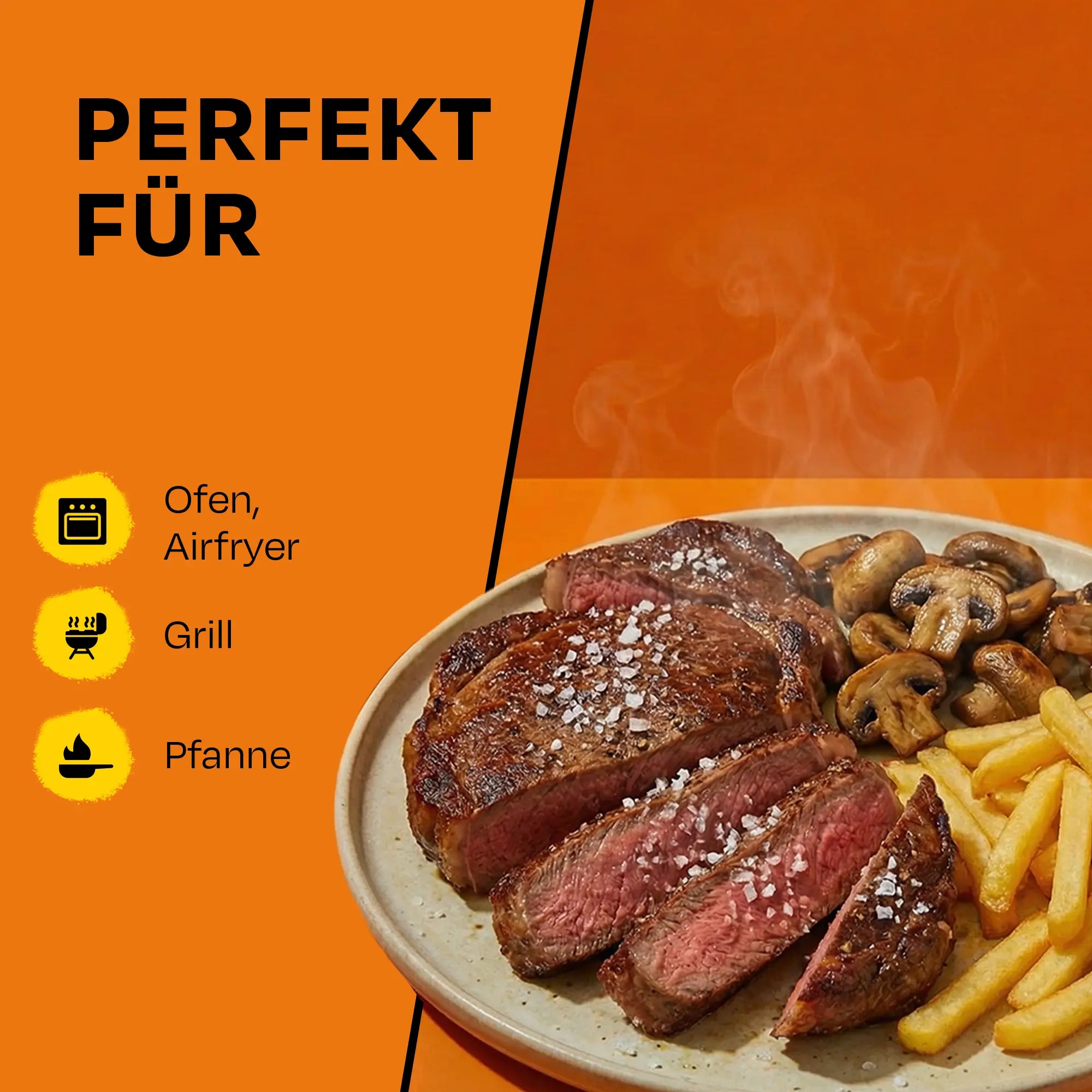 Teller mit Steak, Pilzen und Pommes, Text "Perfekt für Ofen, Airfryer, Grill, Pfanne".