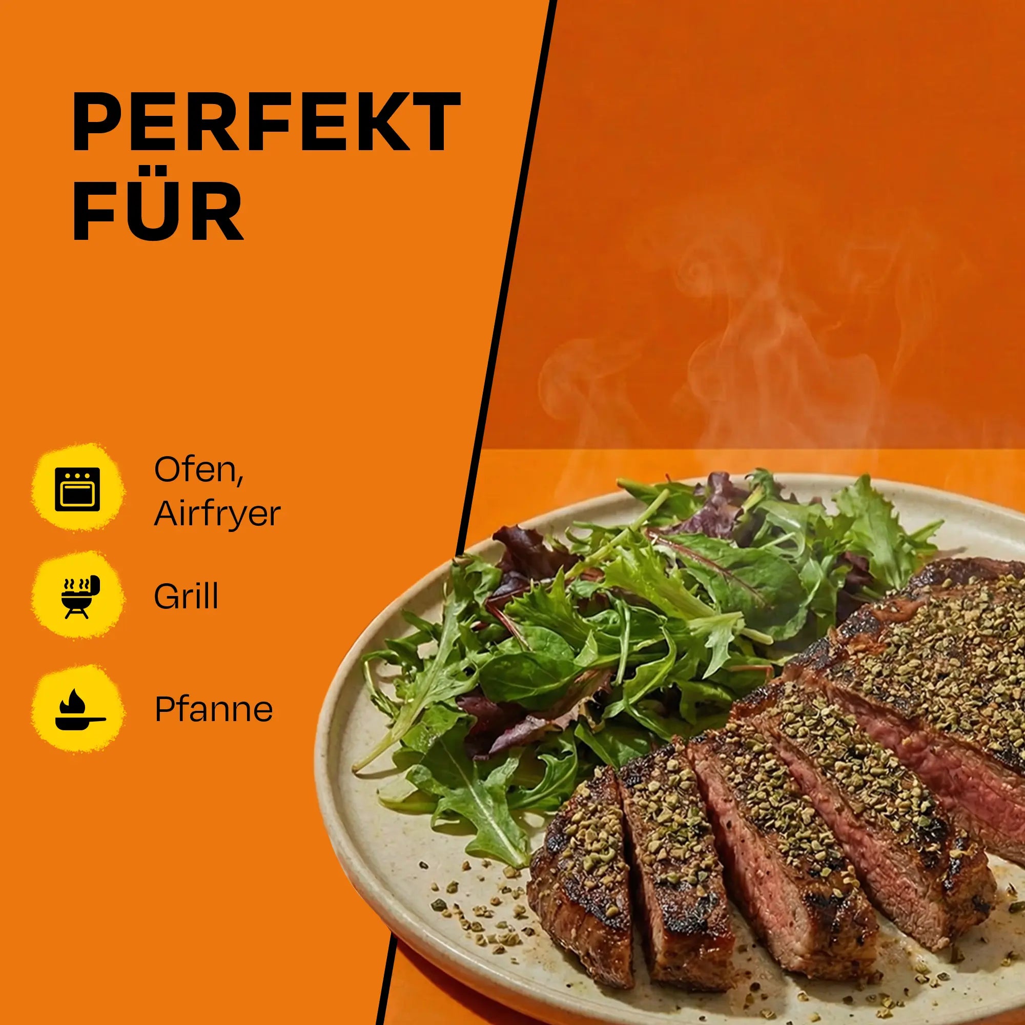 Teller mit scharfem Steak und Salat, daneben Text über Verwendungsmöglichkeiten.