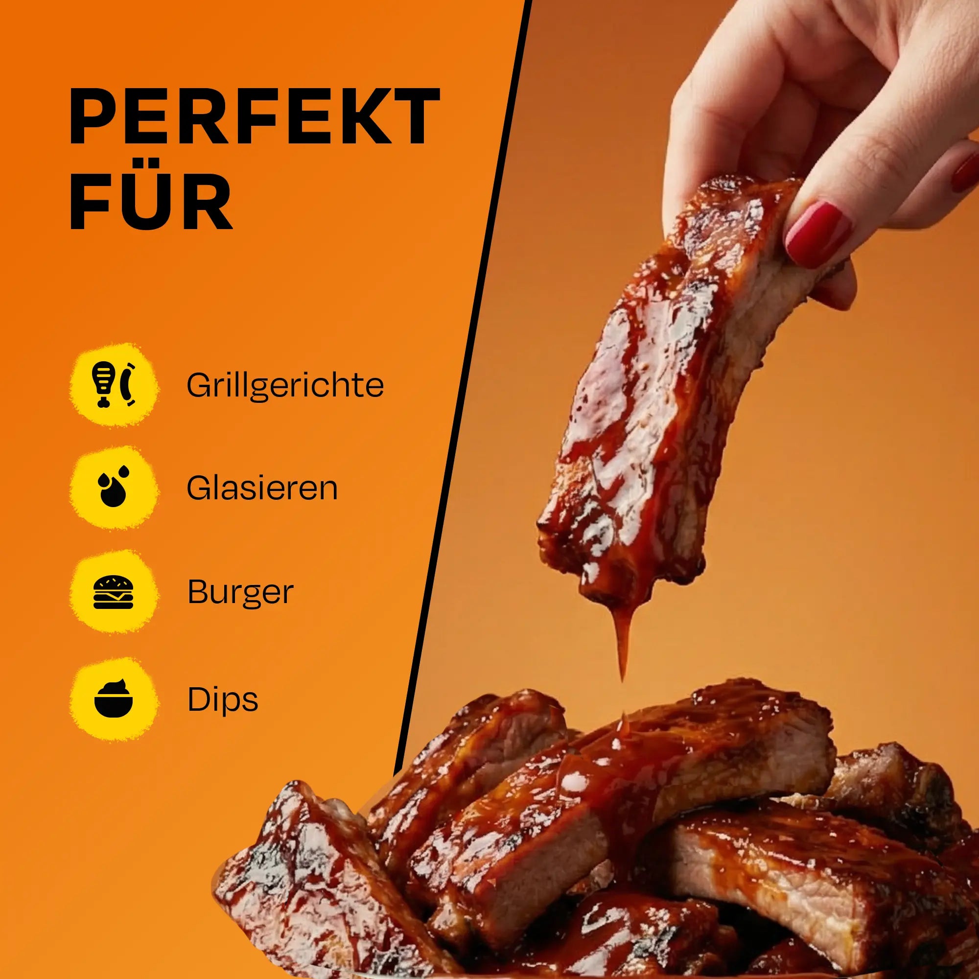 Rippchen und eine Hand, die ein Rippchen hebt, mit Symbolen für Grilleinsatz.