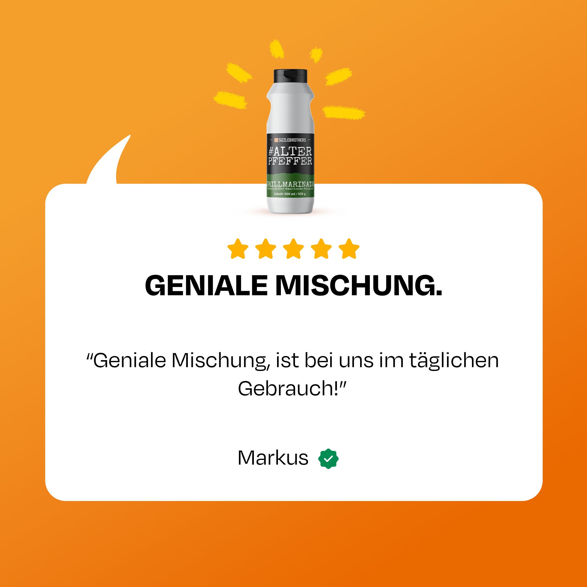 Flasche auf orangefarbenem Hintergrund mit 5-Sterne-Bewertung von Markus.