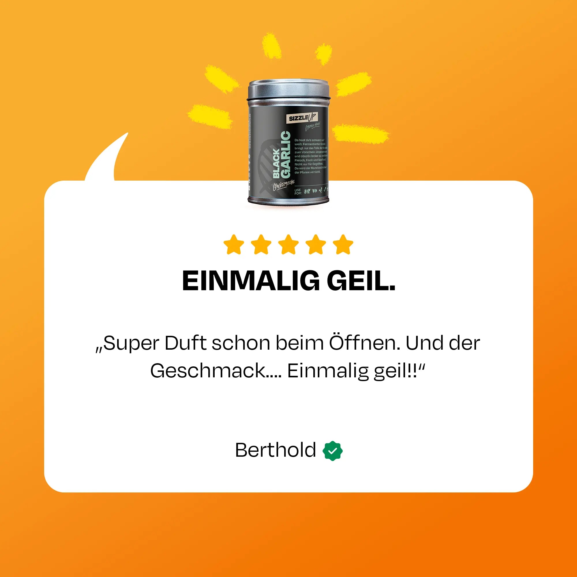 Einmalig geil, Zitat von Berthold, Dose auf orangefarbenem Hintergrund mit gelben Strahlen.