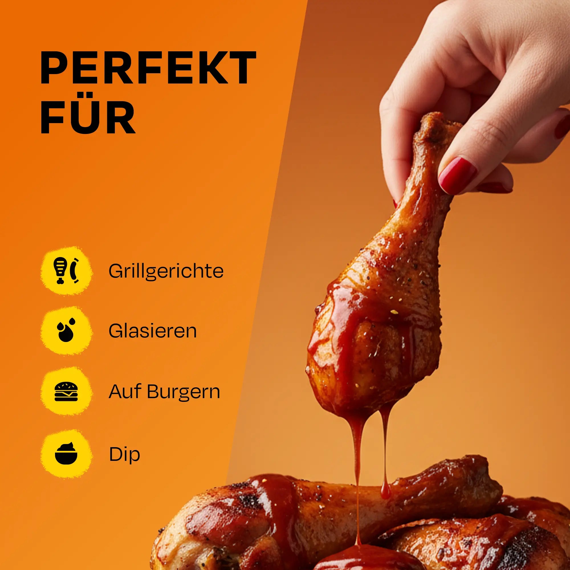Hand taucht Hähnchenschenkel in Sauce. Liste perfekter Verwendungen wie Grillgerichte.