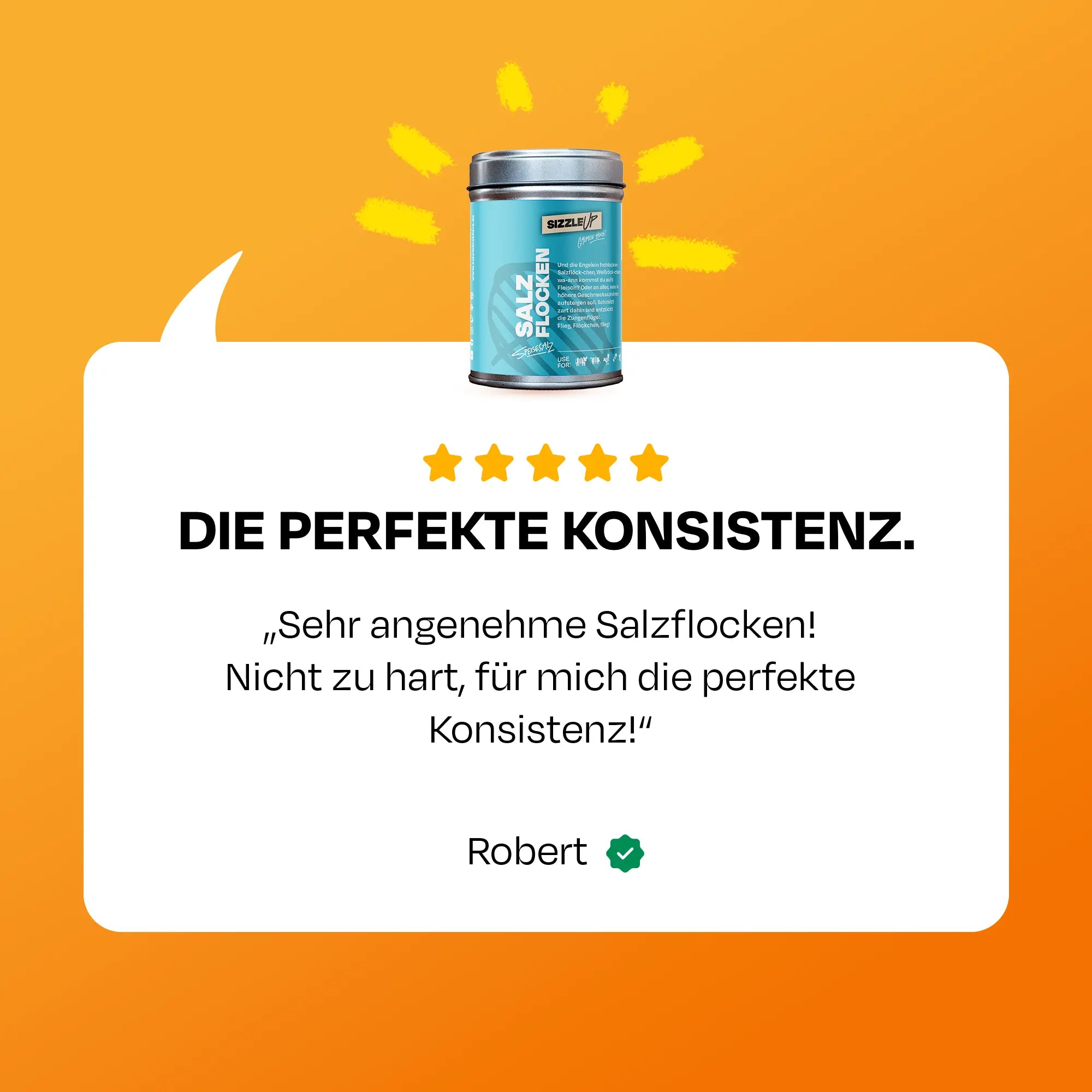 Dose Salzflocken auf orange Hintergrund, Text über Konsistenz und Bewertung von Robert.