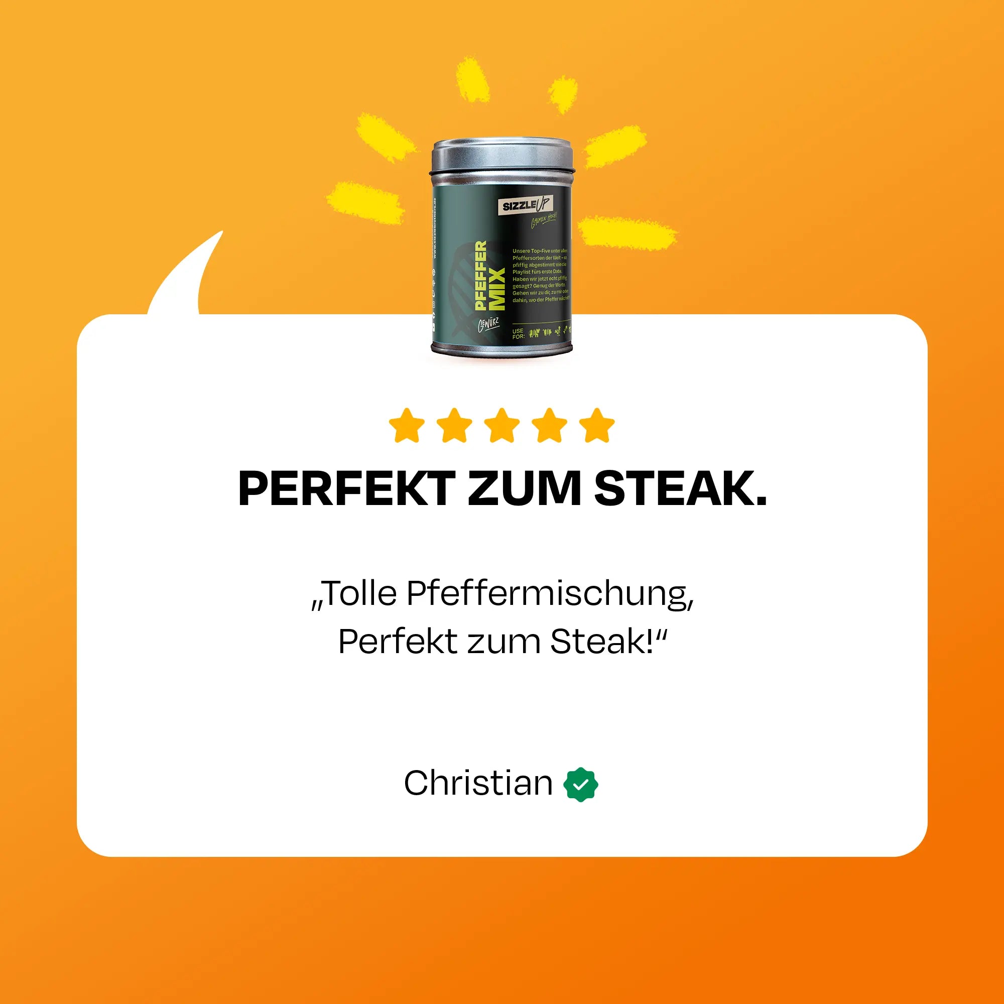 Textur der Pfeffermischung, ideal für Steak, mit 5-Sterne-Bewertung von Christian.