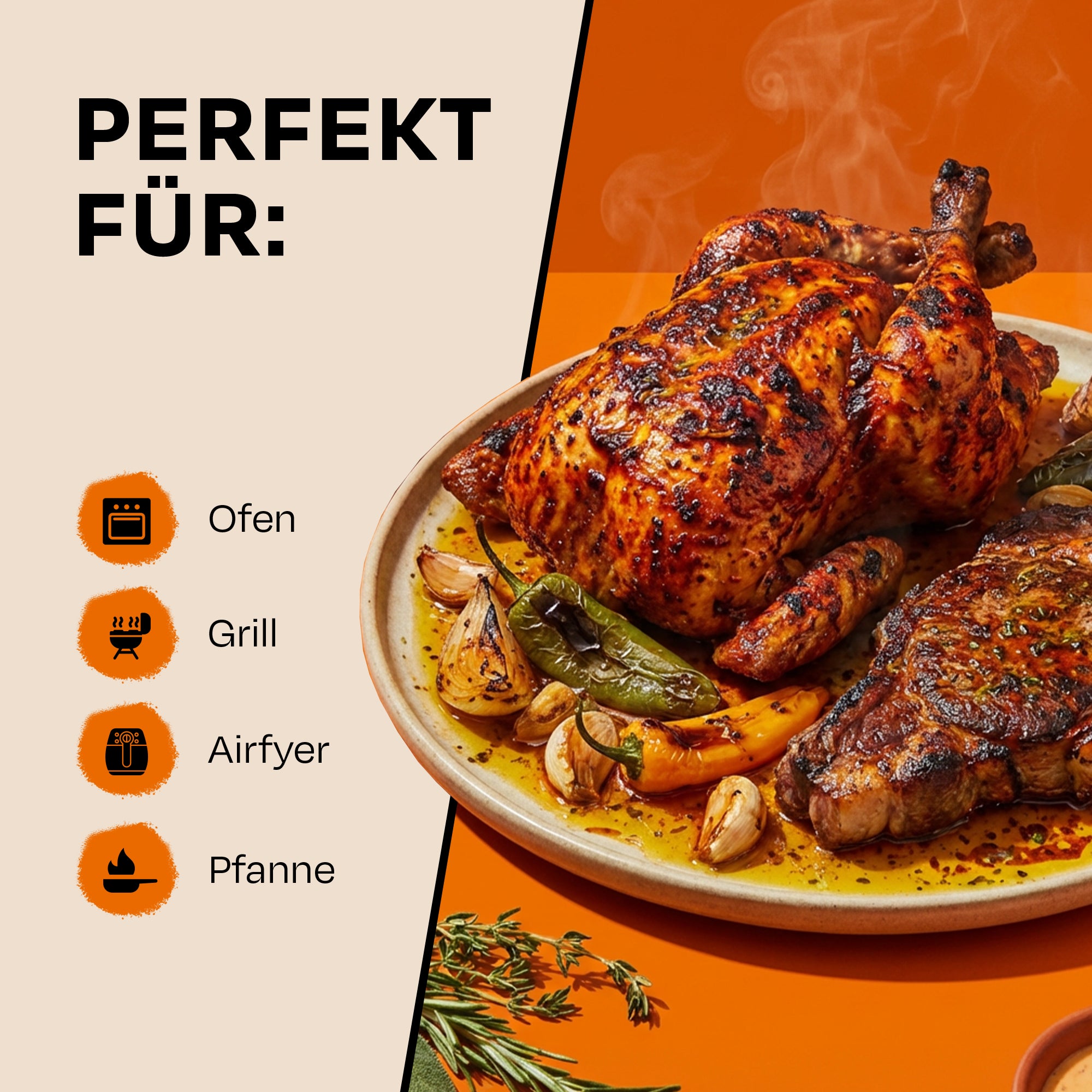 Geröstetes Huhn und Fleisch auf einem Teller, ideal für Ofen, Grill, Airfryer, Pfanne.