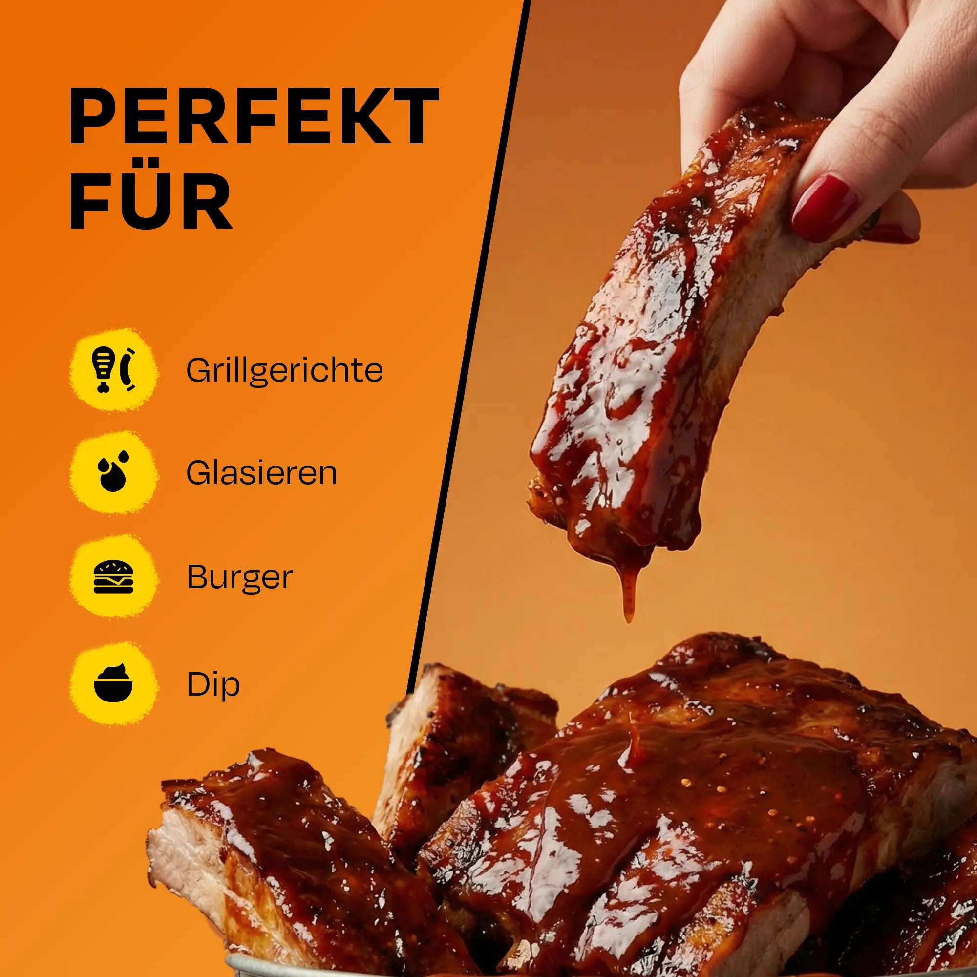 Hand hält glasiertes Rippchen vor orangem Hintergrund; Text: Perfekt für.