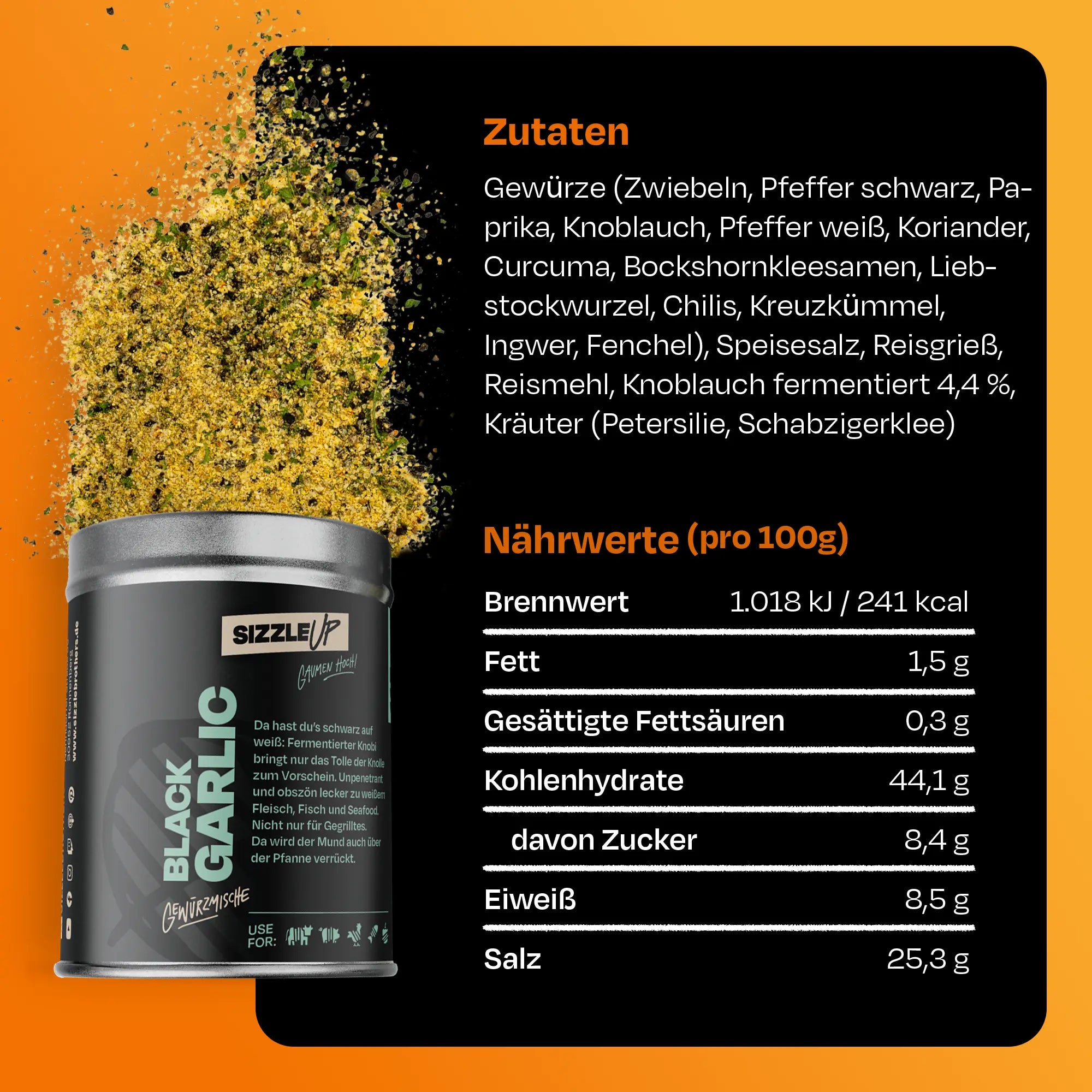 Text Zutaten und Nährwerte für Black Garlic auf schwarzem Hintergrund.