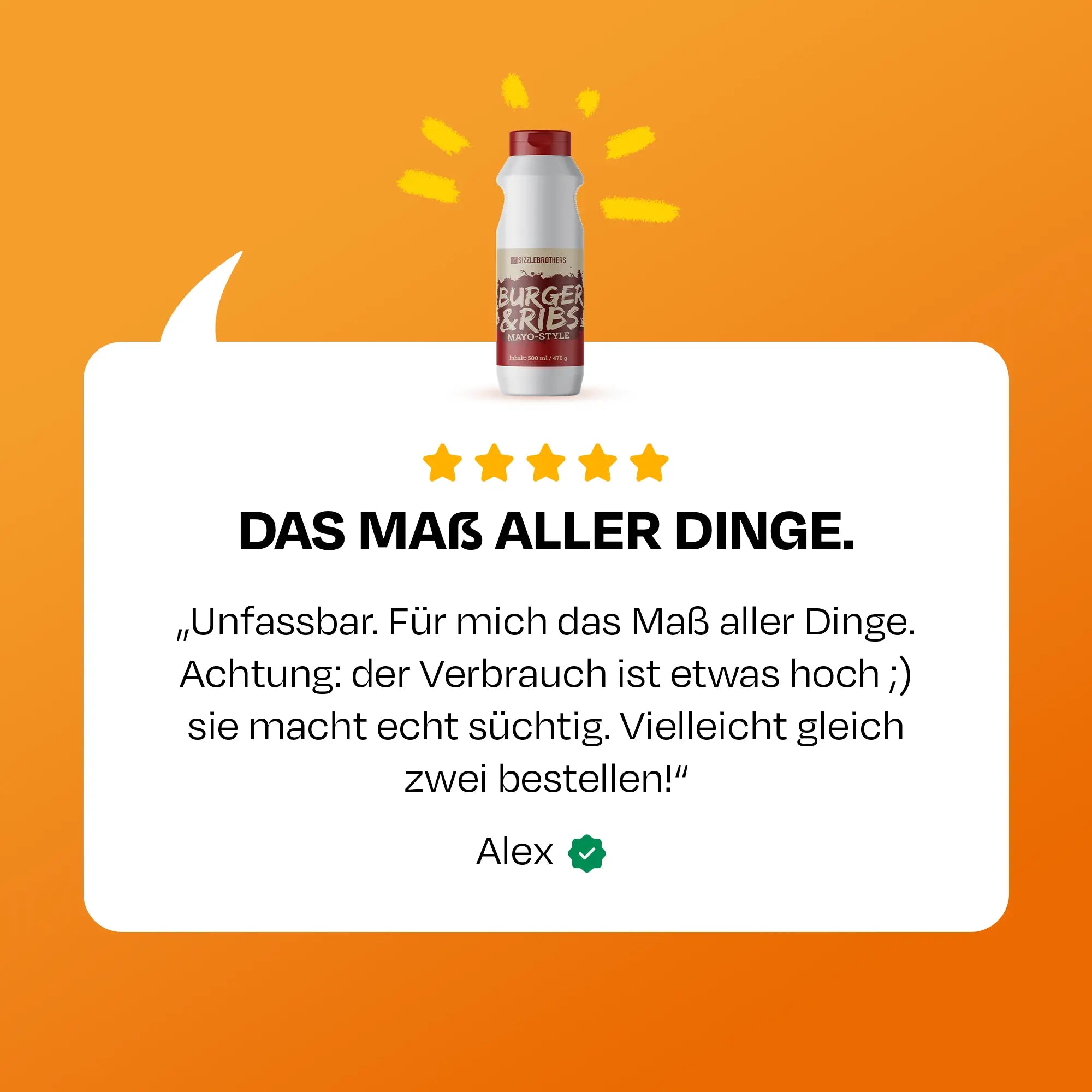 Text: 'Das Maß aller Dinge.' mit fünf Sternen und Bewertung von Alex, im Hintergrund Flasche.