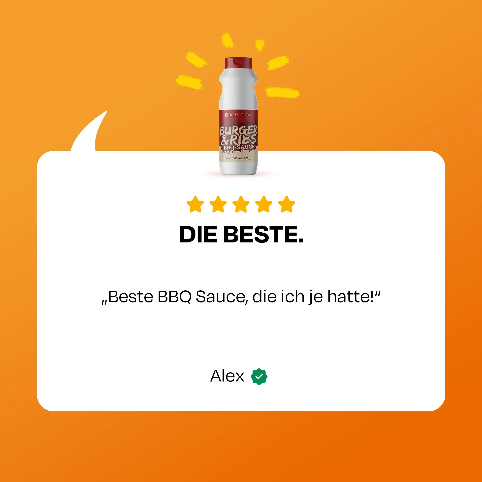 Burger & Ribs BBQ-Sauce mit Zutatenliste und Nährwertangaben auf orangefarbenem Hintergrund.