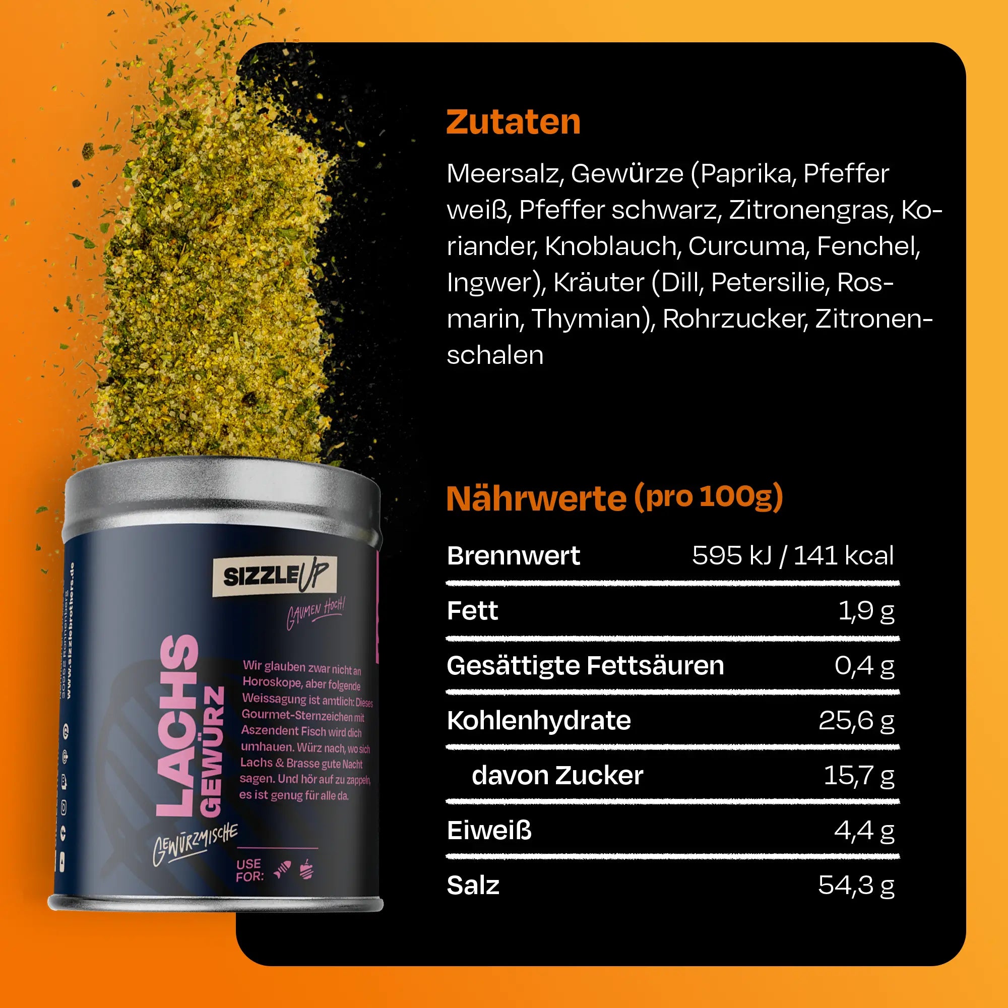 Dose Lachsgwürz mit ausgeschüttetem Gewürz. Zutaten und Nährwerte sind aufgelistet.