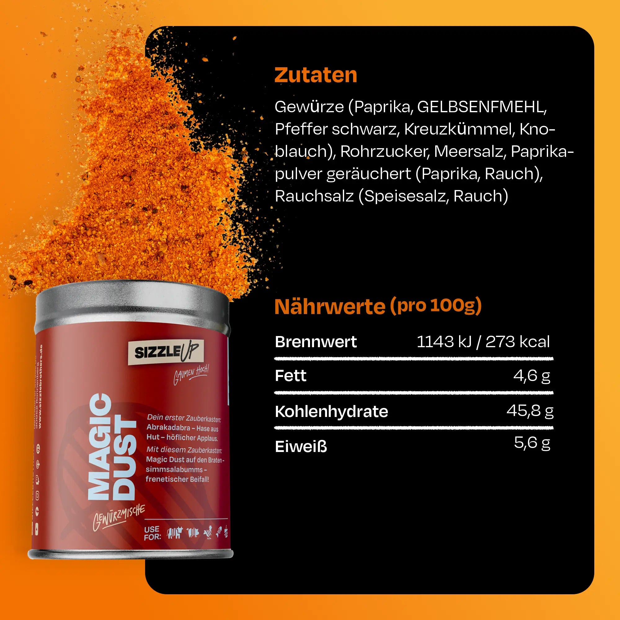 Dose mit Magic Dust und Details zu Zutaten und Nährwerten auf schwarzem Hintergrund.