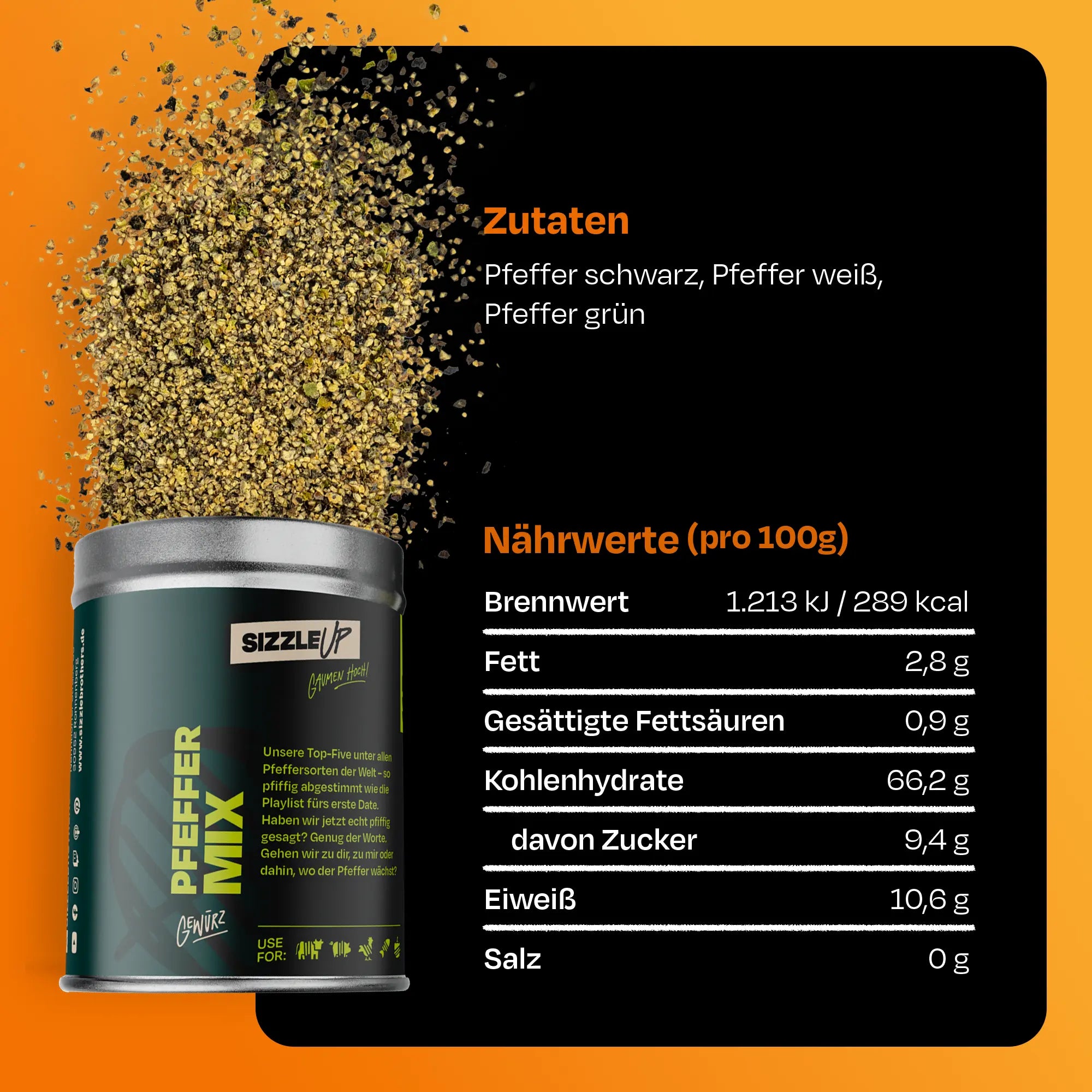 Pfefferdose mit Zutaten und Nährwertangaben auf schwarzem Hintergrund.