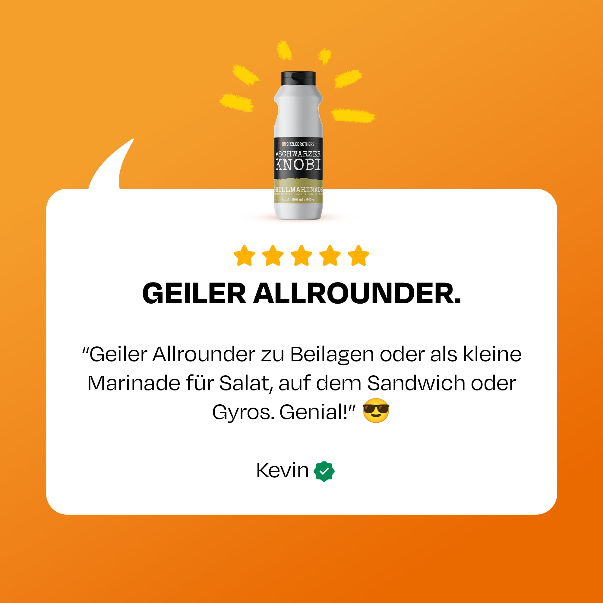 Flasche Marinade mit Fünf-Sterne-Bewertung. Geiler Allrounder für Salat, Sandwich oder Gyros.