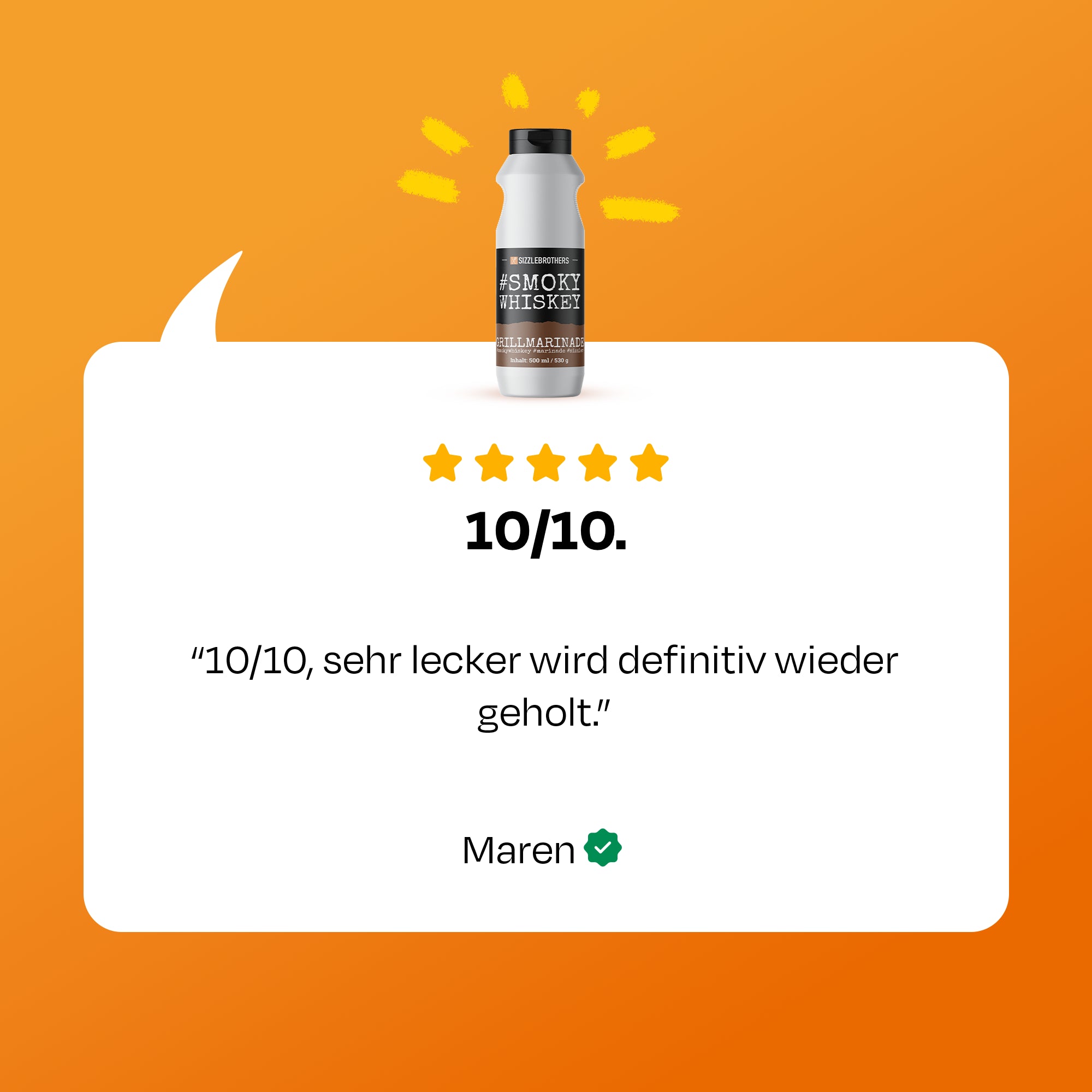 Flasche vor orangefarbenem Hintergrund, Text: 10/10, sehr lecker wird definitiv wieder geholt. - Maren