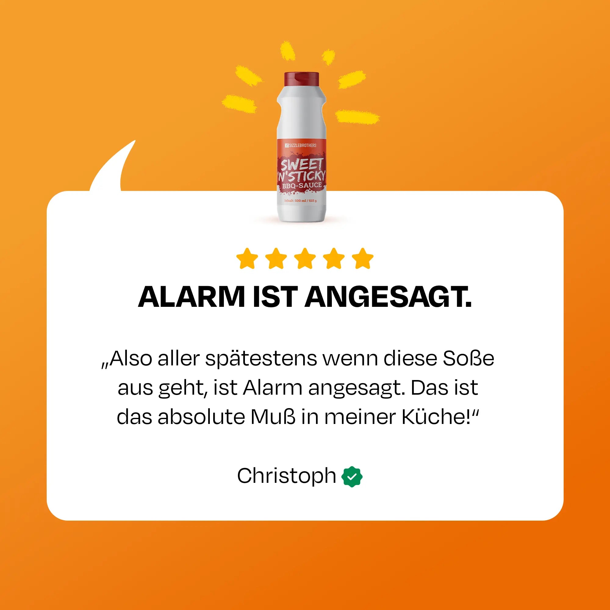 Flasche und Bewertung. Text: ALARM IST ANGESAGT. ‚Das ist das absolute Muss in meiner Küche!‘