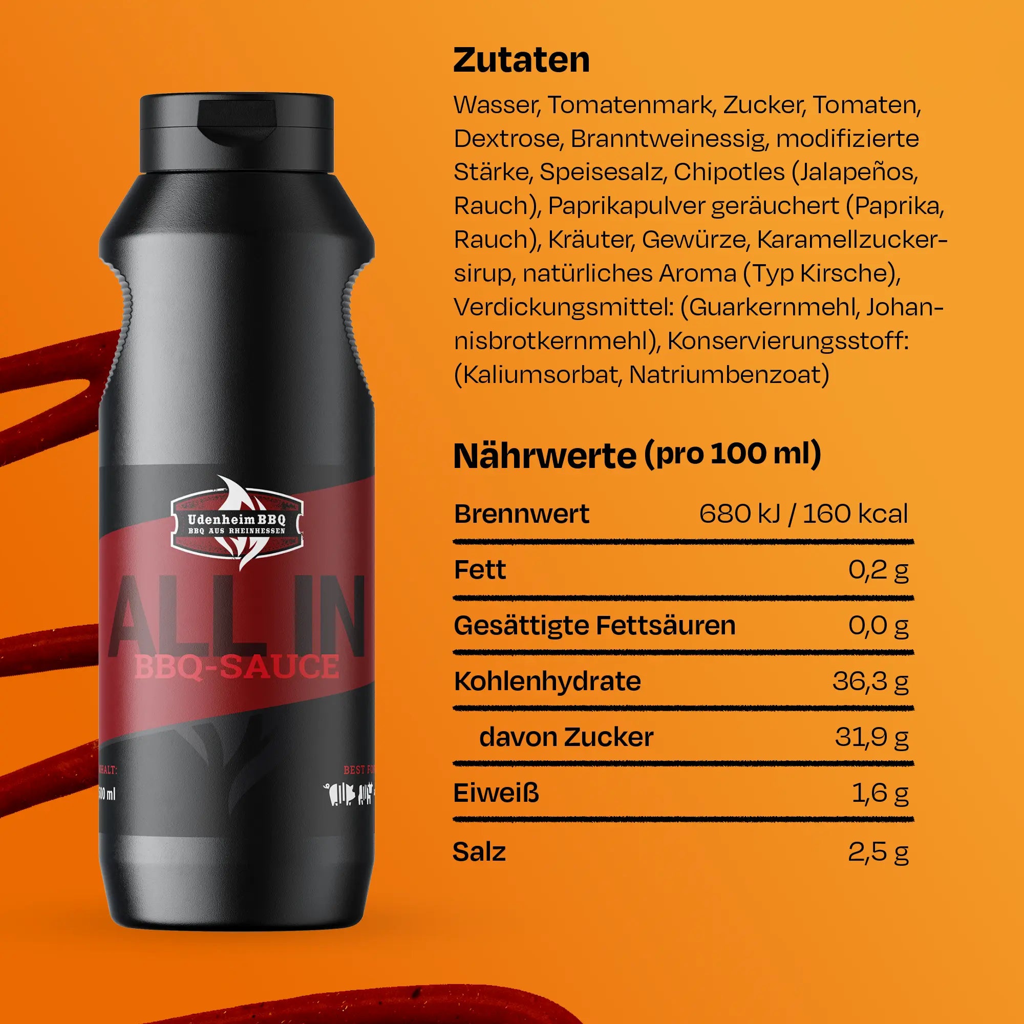 Schwarze Sauceflasche mit Nährwerttabelle und Zutatenliste.