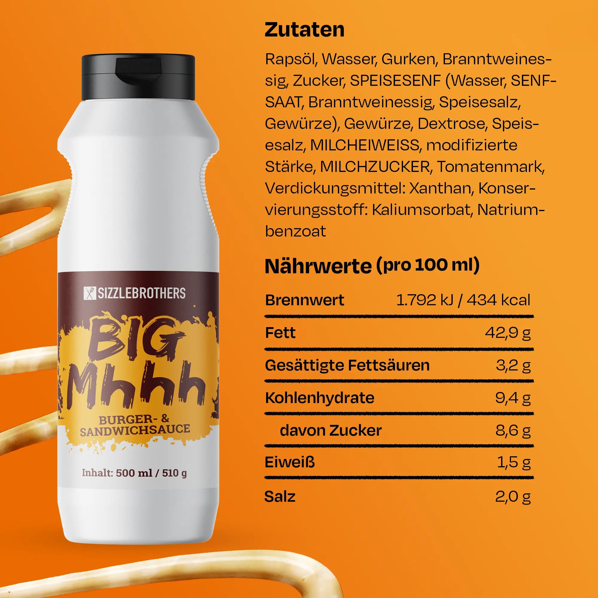 Nährwertangaben und Zutatenliste neben der Flasche vor orangem Hintergrund.